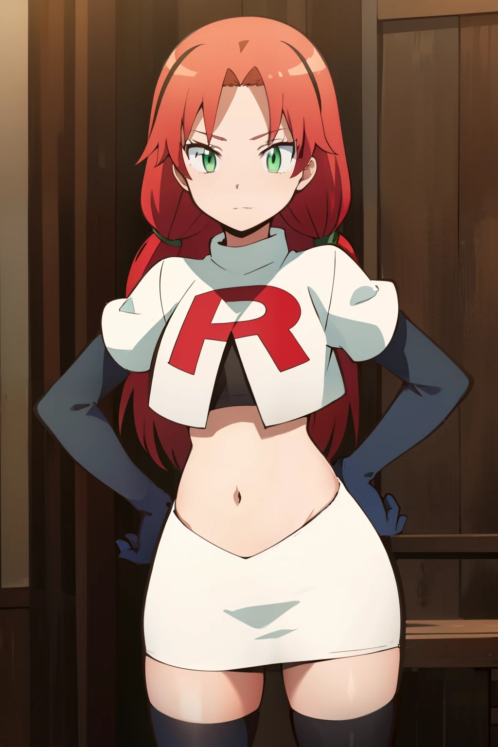 masterpiece, highres, ultra high res, best quality,  RinkaHayamiR4, red hair, green eyes, simple background, team rocket,team rocket uniform,white skirt,red letter R,crop top,black thigh-highs,black elbow gloves