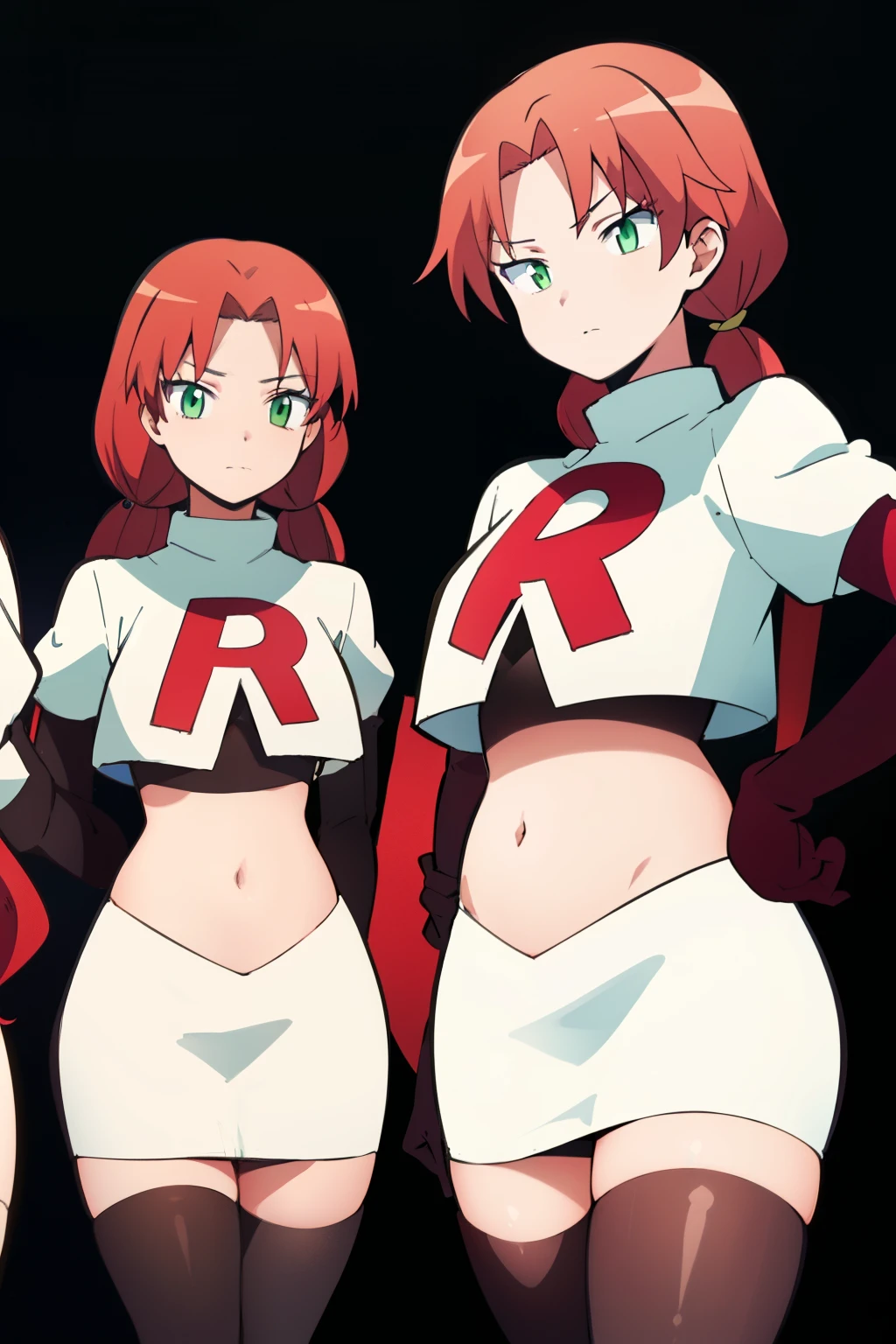 masterpiece, highres, ultra high res, best quality, RinkaHayamiR4, red hair, green eyes, simple background, team rocket,team rocket uniform,white skirt,red letter R,crop top,black thigh-highs,black elbow gloves