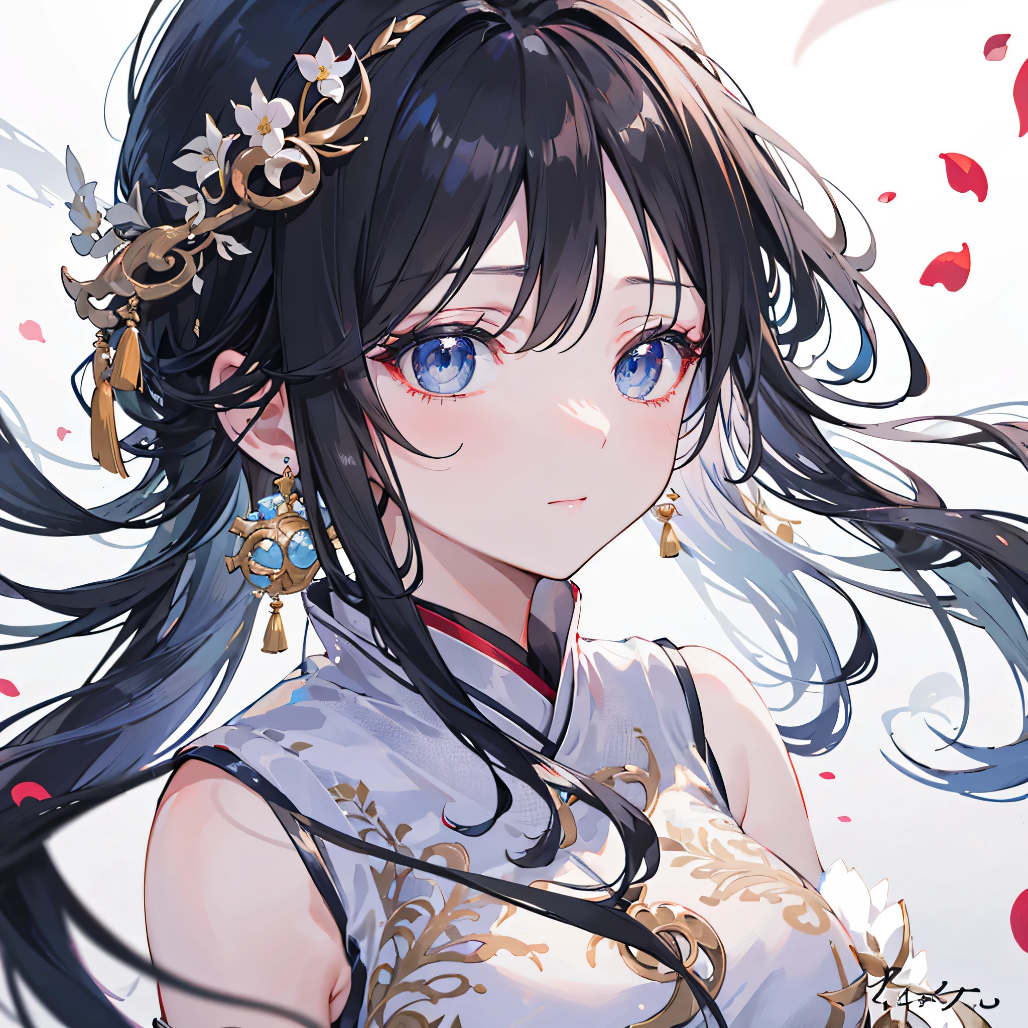 Mature girl , black hair, floating hair, delicate and smart eyes, intricate damask hanfu, gorgeous accessories, wearing pearl earrings, FOV, f1.8, masterpiece, complex scene, petals flying, front portrait shot, Chang'e2