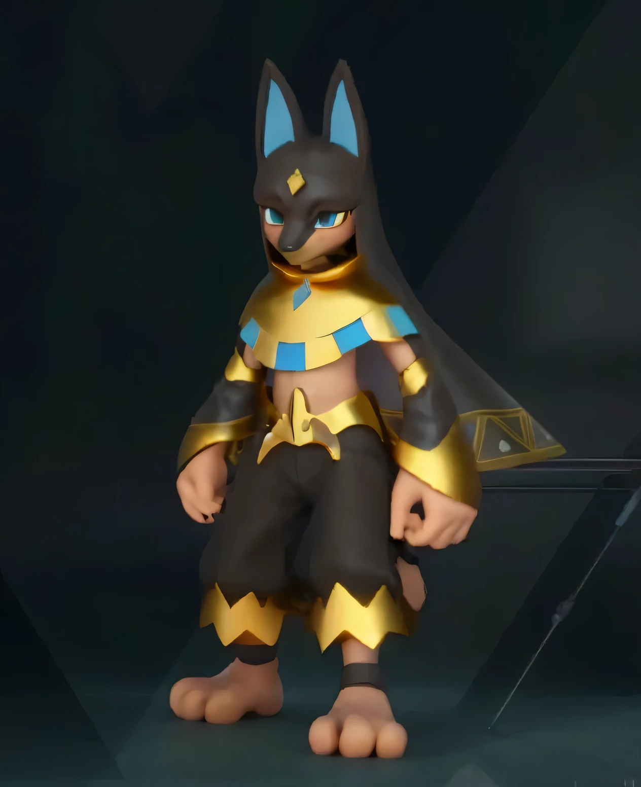 a close up of a 3D character in a costume, Anubis , portrait of Anubis , CHACAL BLUE EYES, ((dark satin cape)) , black and gold shiny armor, varguyart style, faired skin, brown skin, shiny egyptian armor, metallic bronze skin, tane skin, anubis, ((COTON PANTS with golden details))