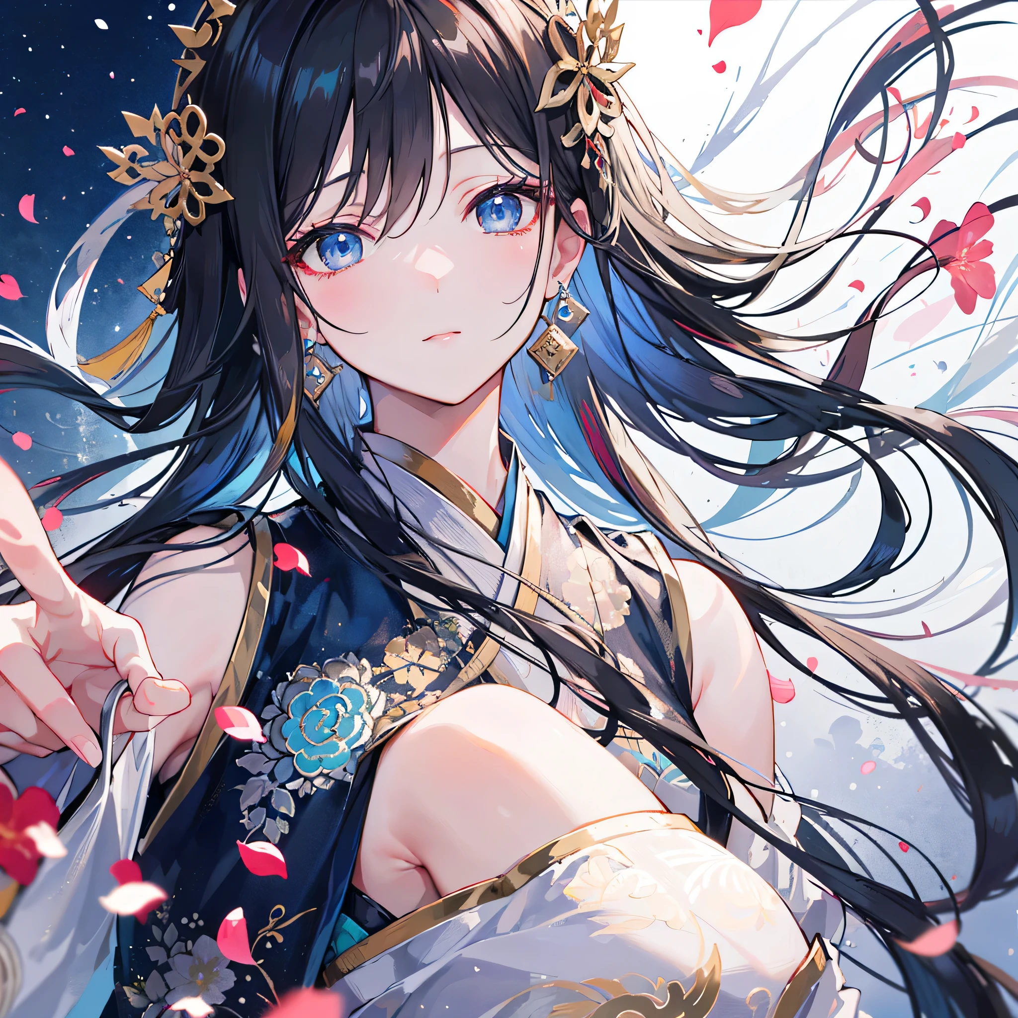 Mature girl , black hair, floating hair, delicate and smart eyes, intricate damask hanfu, gorgeous accessories, wearing pearl earrings, FOV, f1.8, masterpiece, complex scene, petals flying, front portrait shot, Chang'e2