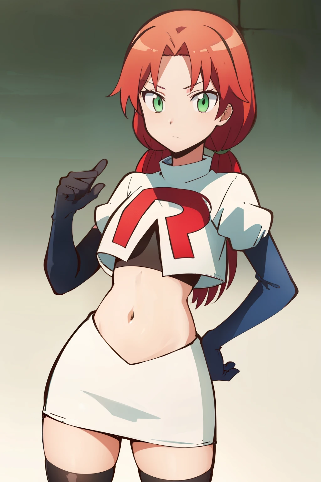 masterpiece, highres, ultra high res, best quality, RinkaHayamiR4, red hair, green eyes, simple background, team rocket,team rocket uniform,white skirt,red letter R,crop top,black thigh-highs,black elbow gloves