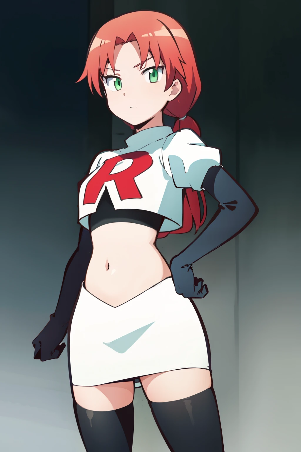 masterpiece, highres, ultra high res, best quality, RinkaHayamiR4, red hair, green eyes, simple background, team rocket,team rocket uniform,white skirt,red letter R,crop top,black thigh-highs,black elbow gloves