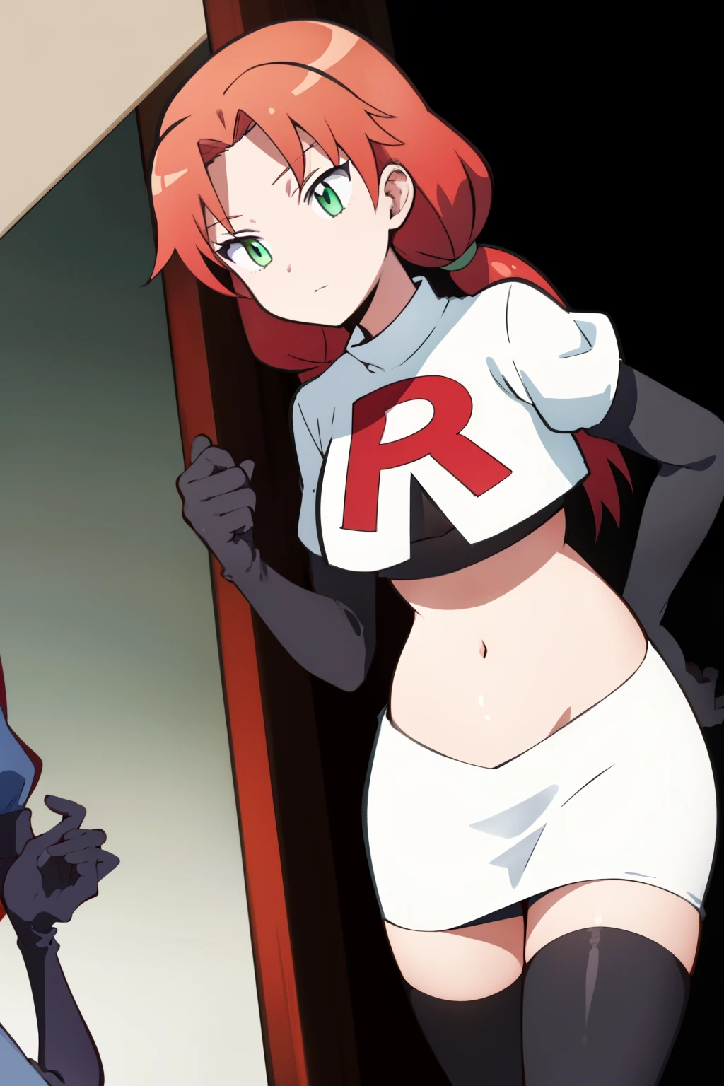 masterpiece, highres, ultra high res, best quality,  RinkaHayamiR4, red hair, green eyes, simple background, team rocket,team rocket uniform,white skirt,red letter R,crop top,black thigh-highs,black elbow gloves