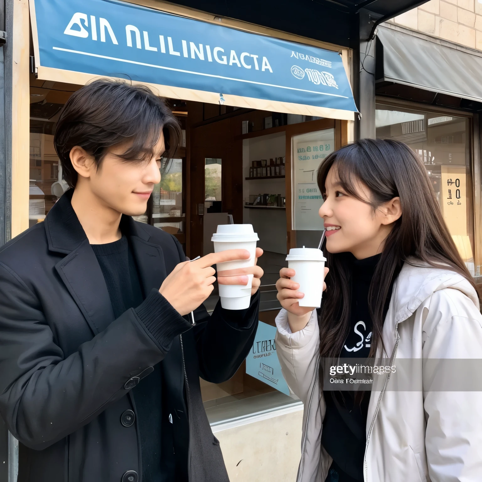 handsome man,beautiful woman,drinking coffee,There is an AI ORG sign in front of the store.