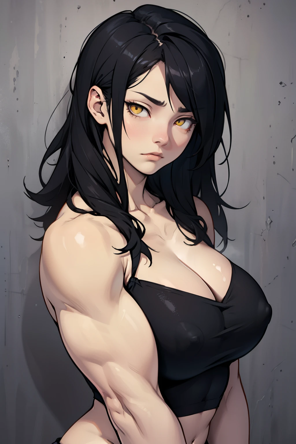empty eyes muscular girl toned body huge breasts black hair yellow eyes solo pale skin expressionless sad