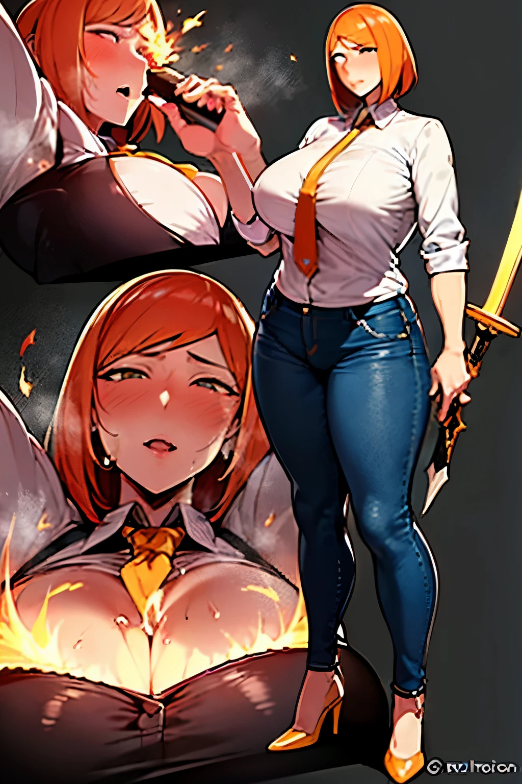 ((best quality)), ((masterpiece)), (detailed), perfect face,35 yr old woman with orange hair in a business shirt tie and jeans a mechanical sword and a flaming aura and medium breasts,full body