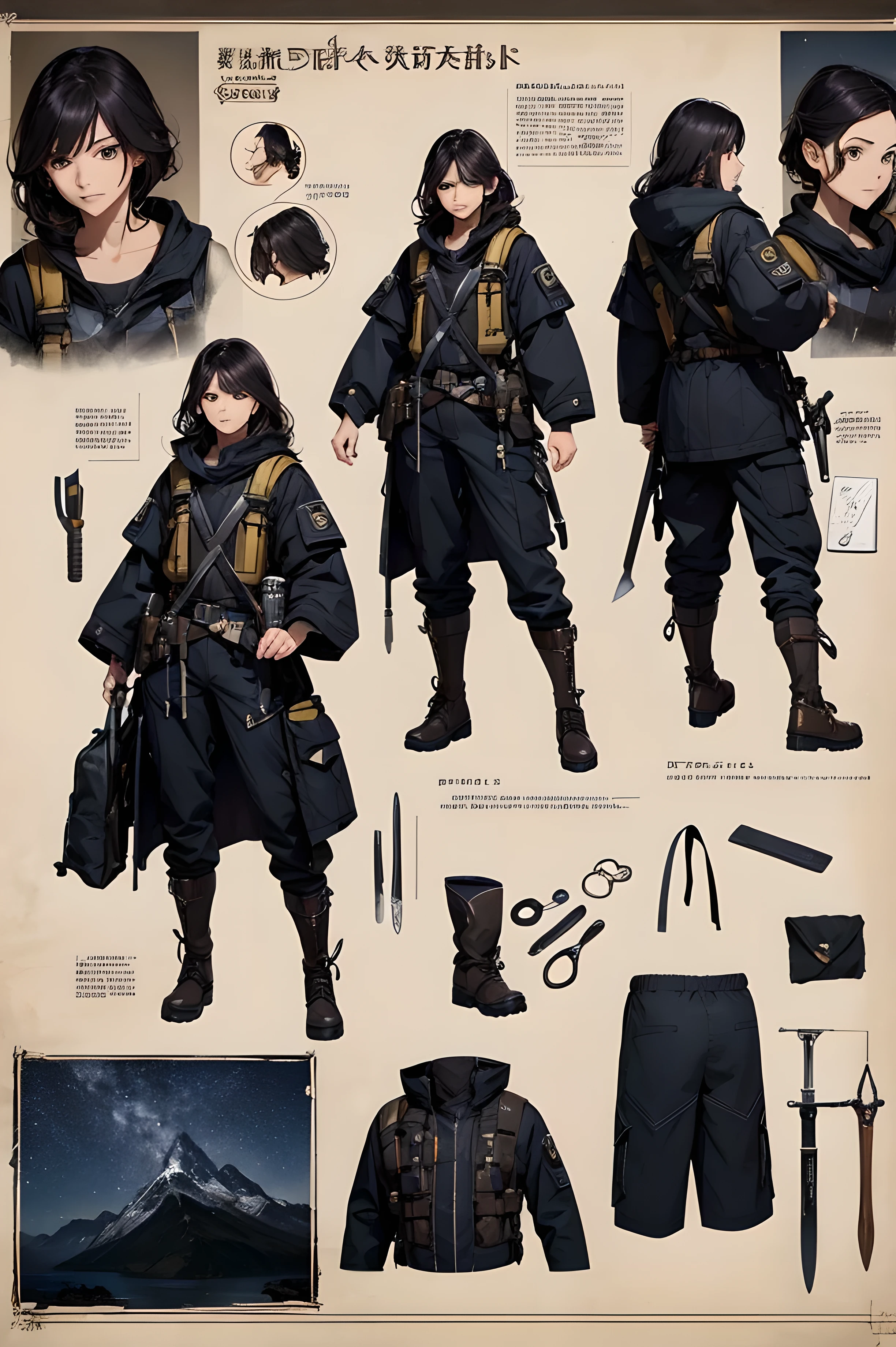 ((Masterpiece, Highest quality)), Detailed face, Detailed hair, ((Character Design Sheet, same character, front, side, back)), full body, Full of details, ((Multiple poses, multiple expressions, multiple hairstyle)), smile, Highly detailed, Depth, Many parts, Beautiful adventure girl, big sword, adventure bag, adventure kit, multi purpose kit, adventure clothes, Extremely beautiful, High Balance, Natural light, light glare, adventure equipment, adventure tools, adventure complete tools, loose pant, black in color, starry sky, Star decoration, adventure costume, adventure concept art, royal, mature