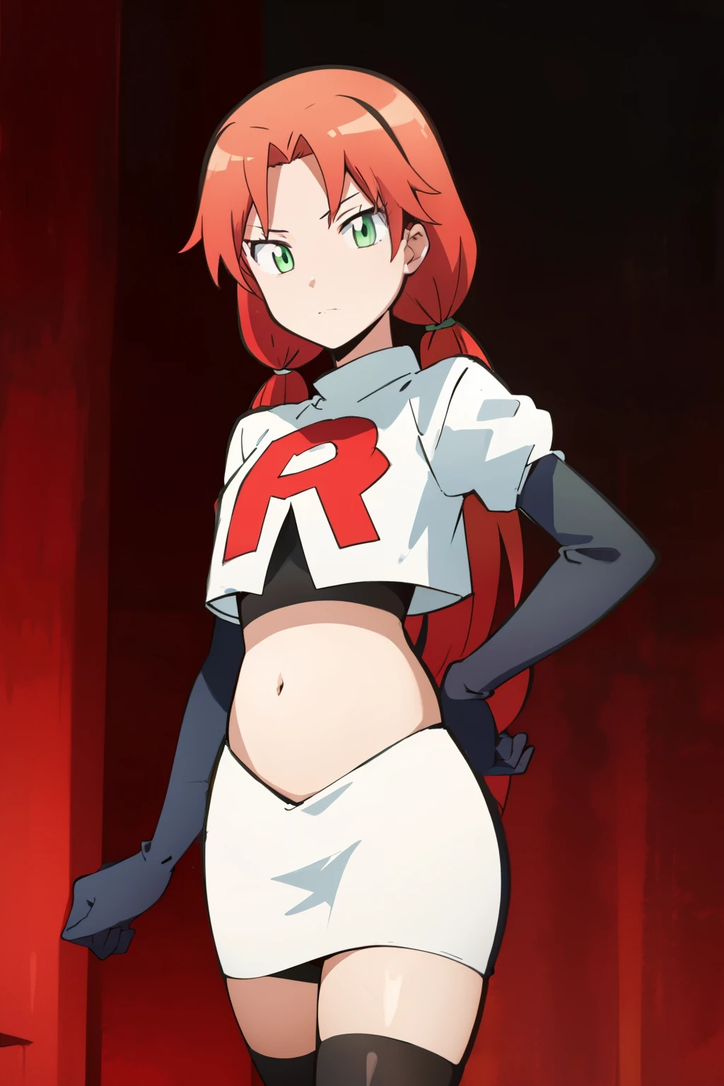 masterpiece, highres, ultra high res, best quality, RinkaHayamiR4, red hair, green eyes, simple background, team rocket,team rocket uniform,white skirt,red letter R,crop top,black thigh-highs,black elbow gloves