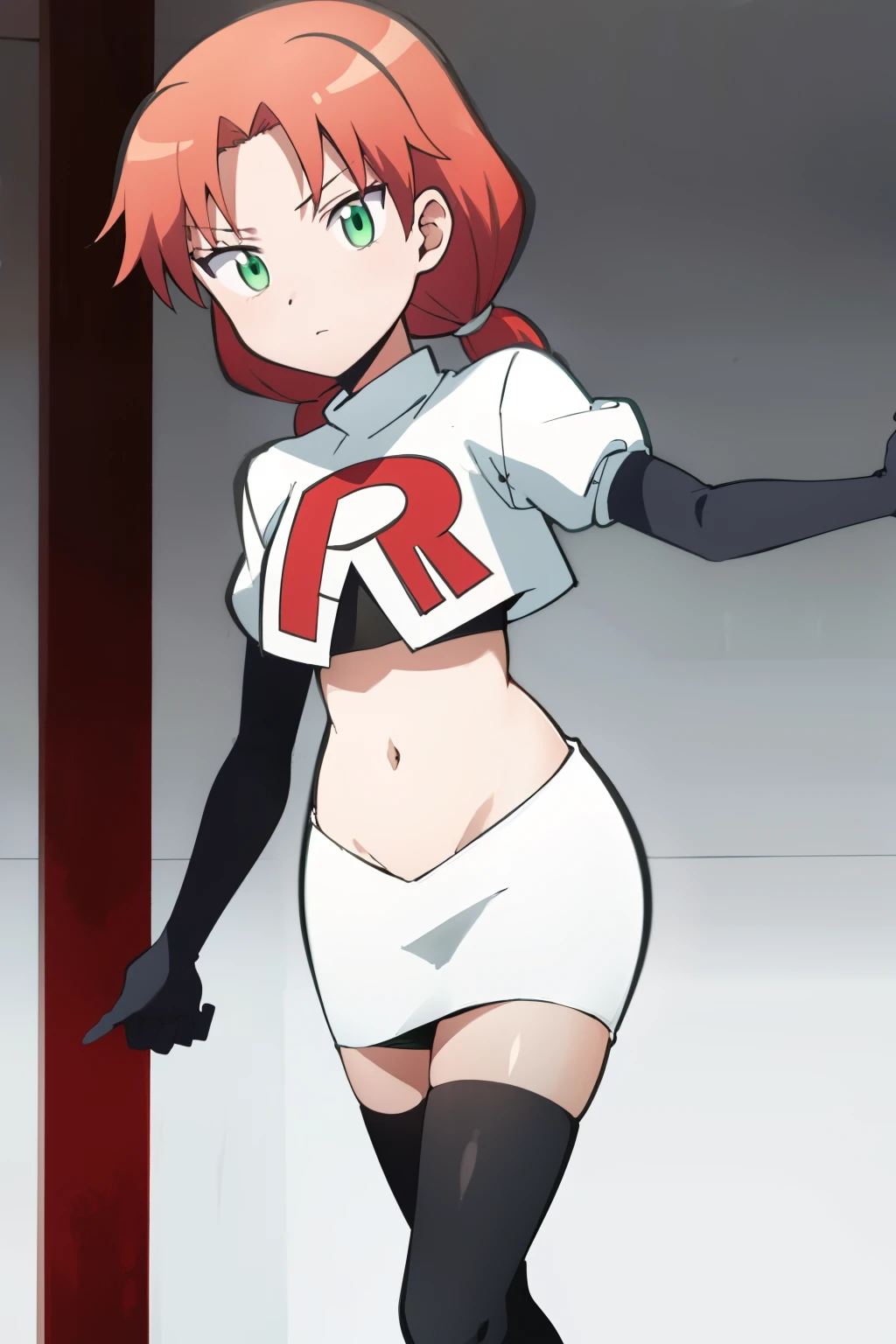 masterpiece, highres, ultra high res, best quality, RinkaHayamiR4, red hair, green eyes, simple background, team rocket,team rocket uniform,white skirt,red letter R,crop top,black thigh-highs,black elbow gloves