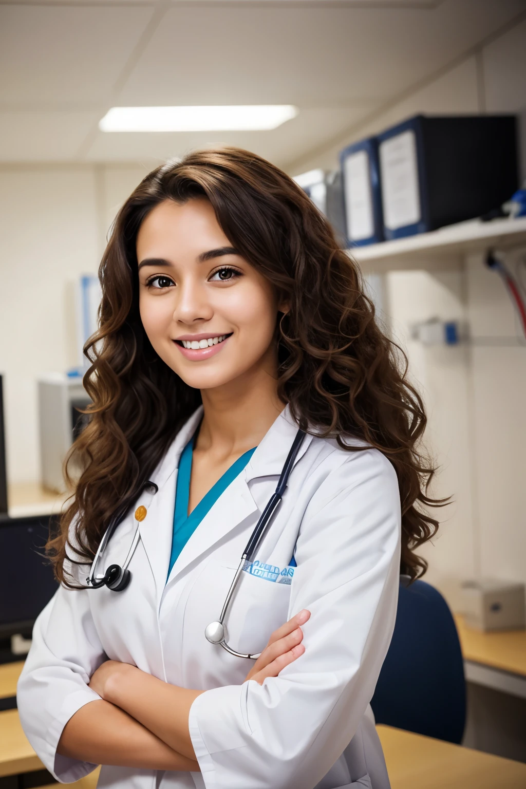 female doctor with long brown and curly hair, round face, smiling, 24 years old, working in a emergency rom