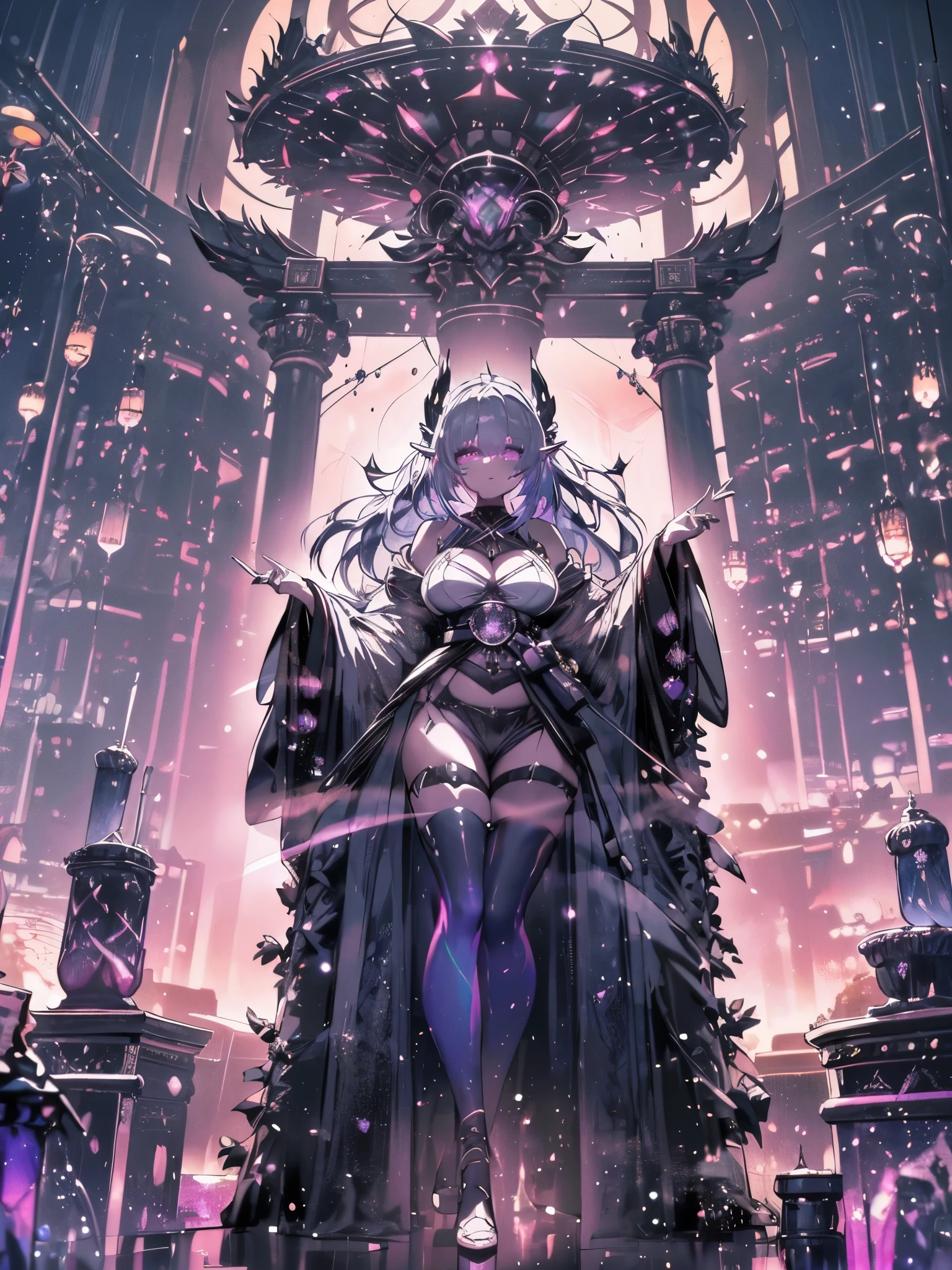 A dark witch with plump lips, illuminated purple eyes, white hair, long hair, elf ears, long white cape, and black robes, black gloves, high collar with black button, cleavage, belly showing, big ass, ((( dark wizard setting with book mounts, low light and leaks))), {extremely detailed 16k CG unit wallpaper}, expansive landscape photography, (a view from below with focus on character and setting), ( wide open field view), (low angle shot), (high light: 1.2), (low light: 1.8), (warm light source: 1.2), complex details, (iridescent colors: 1.5), (bright lighting ), (atmospheric lighting), dreamy, unique,
