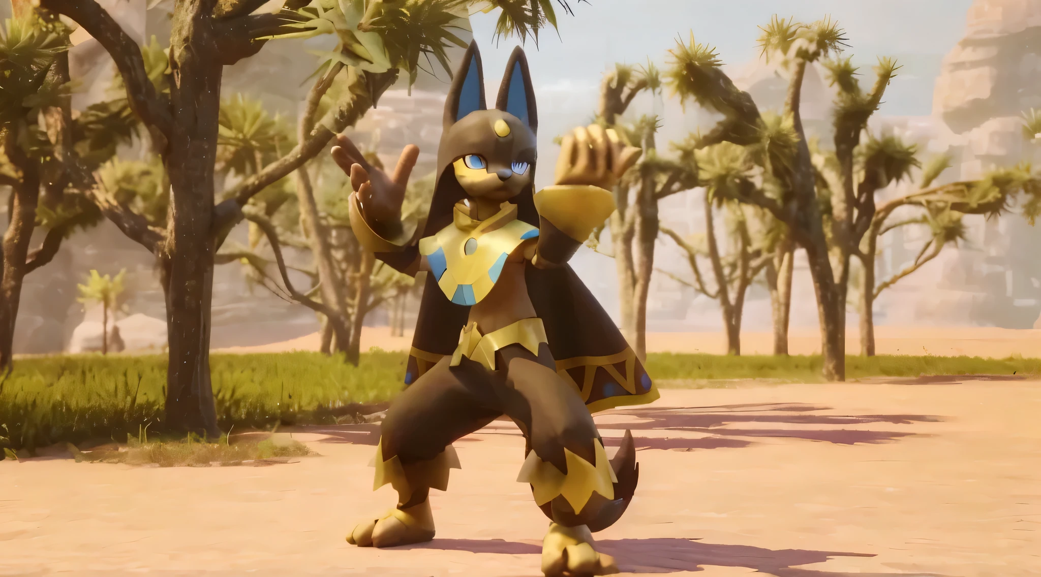 a close up of a 3D character in a costume, Anubis , fighting pose, calling for a fight. portrait of Anubis , blue gem at his chest plate, dark satin cape , black and gold shiny armor, varguyart style, faired skin, brown skin, shiny egyptian armor, metallic bronze skin, tane skin, anubis, SATIN PANTS with golden details. detailed eyes, black pupil, blue eyes.