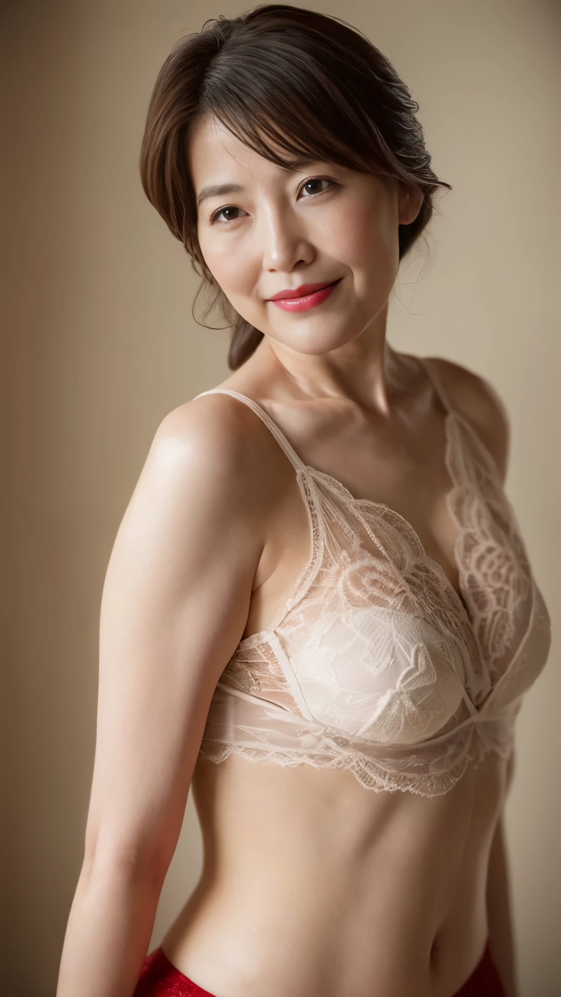 Remove the background, gravure, describe the lips correctly, red lipstick, from the chest up, In underwear, AS-Elderly,Mature Woman, Fancy face, highest quality, Super high quality, realistic, super dense skin, perfect description, (1 Japanese mature woman), (erotic), 100 years old, big breasts, Bewitching, Glamour, sexy, pure white skin, looking at the viewer,