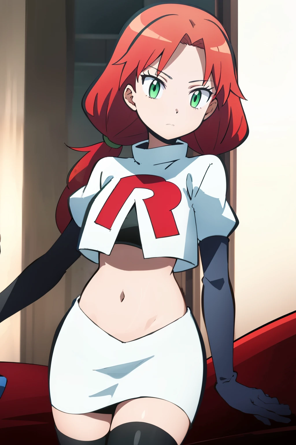 masterpiece, highres, ultra high res, best quality, RinkaHayamiR4, red hair, green eyes, simple background, team rocket,team rocket uniform,white skirt,red letter R,crop top,black thigh-highs,black elbow gloves