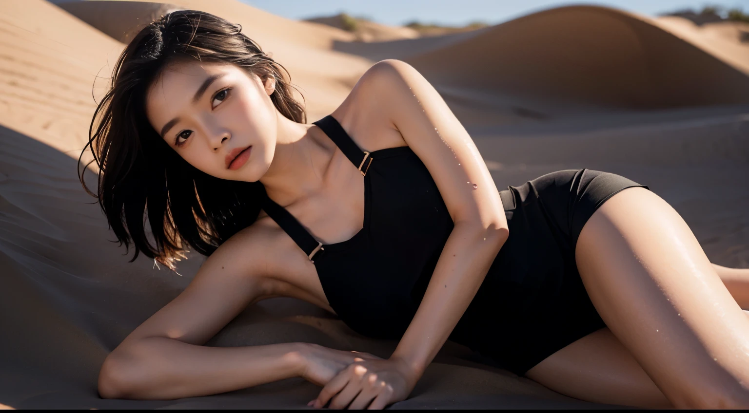 Girl lying on a dune，Creative photography，Legs sweat，（Beautiful body curves：1.2），Perfect body，Realistic lighting，（focus on face），（The face is rich in detail），（HD imaging：1.3），oily skin，harness，short skirt