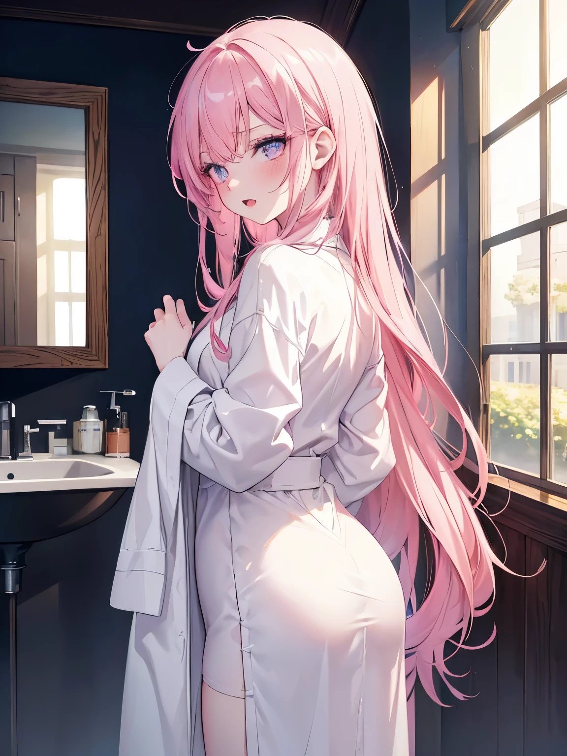 masutepiece, Highest Quality, (Perfect face:1.1), (high detailing:1.1), (ultradetailed eyes), Dramatic, superfine illustration, Extremely detailed,1girl in, teenager,(pale skin), Happy, Laugh, Enjoy,Open mouth,gloweyes,pinkhair,straight hair,Ethereal eyes, pink eye,blush, Solo,Pouty lips,Cinematic lighting,looking for viewer, cowboy shot,Long sleeve,bath robe,long length,indoor,bath room,from back