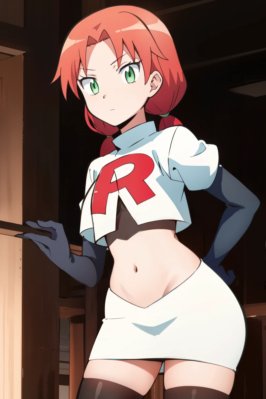 masterpiece, highres, ultra high res, best quality, RinkaHayamiR4, red hair, green eyes, simple background, team rocket,team rocket uniform,white skirt,red letter R,crop top,black thigh-highs,black elbow gloves