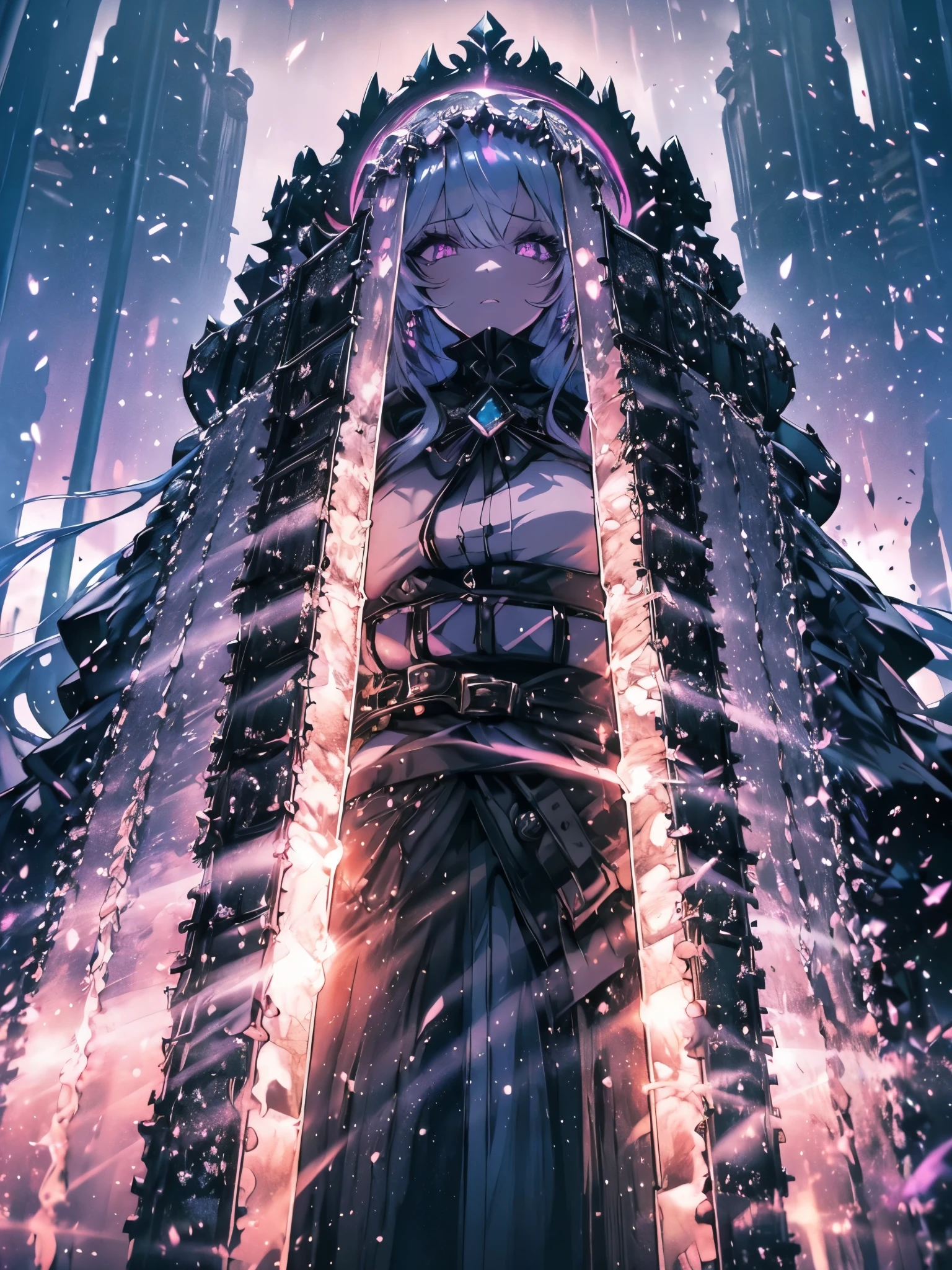 A dark witch with plump lips, illuminated purple eyes, white hair, long hair, elf ears, long white cape, and black robes, black gloves, high collar with black button, cleavage, belly showing, big ass, ((( dark wizard setting with book mounts, low light and leaks))), {extremely detailed 16k CG unit wallpaper}, expansive landscape photography, (a view from below with focus on character and setting), ( wide open field view), (low angle shot), (high light: 1.2), (low light: 1.8), (warm light source: 1.2), complex details, (iridescent colors: 1.5), (bright lighting ), (atmospheric lighting), dreamy, unique,