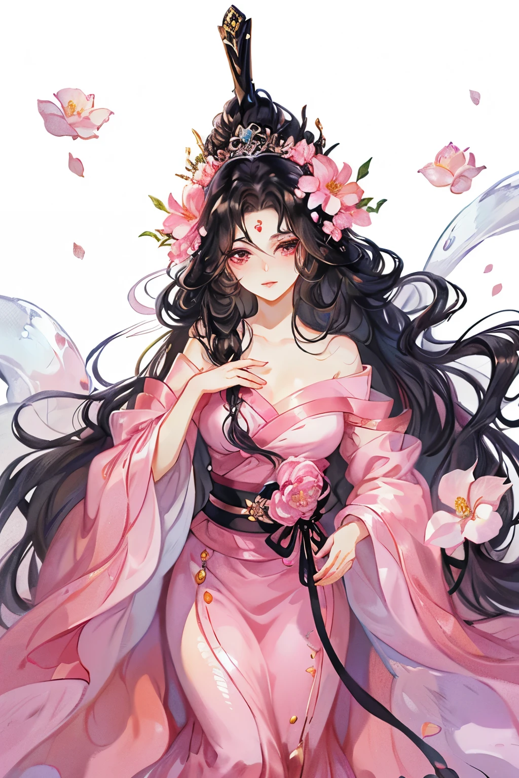 a woman,Black wavy hair and pink eyes, blush, eye shadow, cute face,long hair,Flowers in the hair, ethereal beauty,Upper body close-up,Look head-on at the audience,lying in water((beautiful fantasy queen))