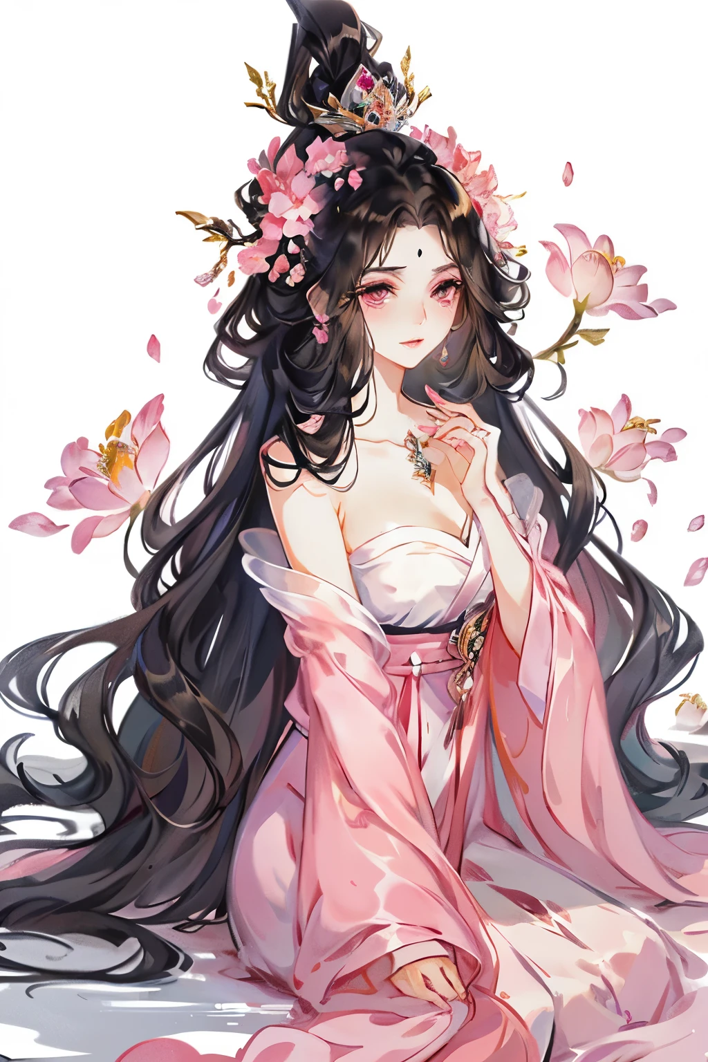 a woman，Black wavy hair and pink eyes, blush, eye shadow, cute face，long hair,Flowers in the hair, ethereal beauty,Upper body close-up，Look head-on at the audience，lying in water((beautiful fantasy queen))
