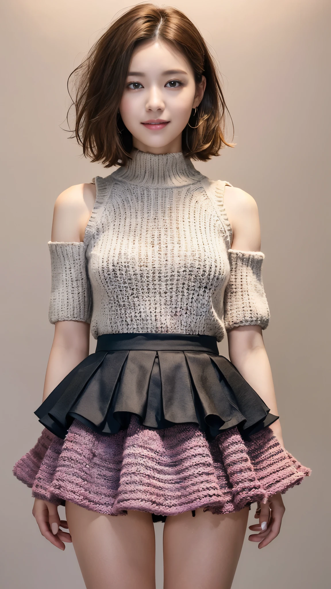 1 woman, white background, (Highly detailed body, very detailed face, top quality:1.4), (25 year old woman), looking at viewer, A smile with visible teeth, I can't see her hands, (very short layered hair:1.2), (Her thighs are very beautiful:1.3), (8 thousand:1.5), (lovely knit:1.45), (beautiful layered skirt:1.5), (skin glow:1.3),