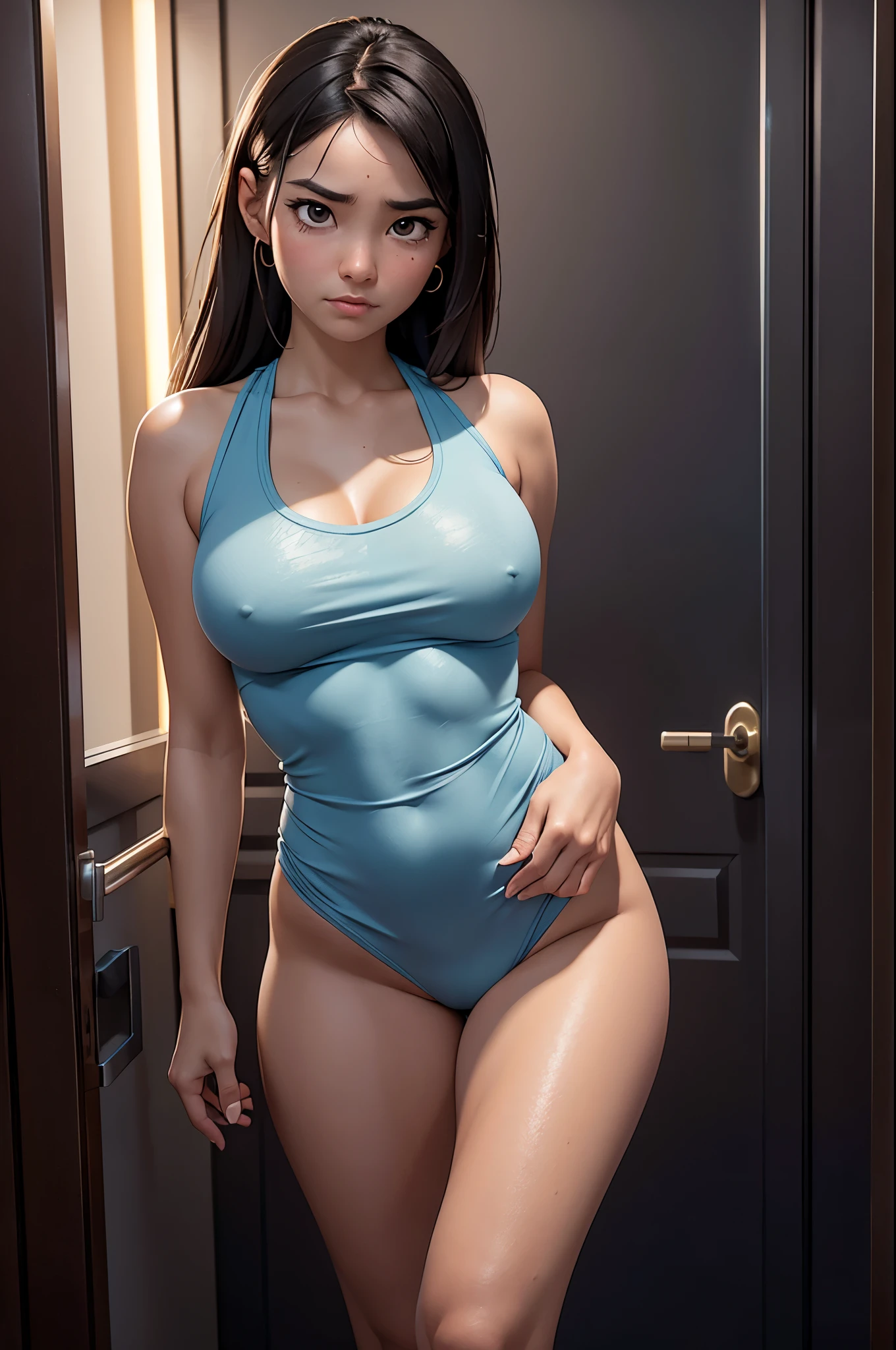 A sexy Asian girl (age 20),big butt, slim waist, tiny outfit,back to the viewer, distressing,waiting to get in the bathroom,lots of worry about needing to pee badly, comically distressed,in extreme distress,desperate and clenching her legs,grabbing her crotch,holding it tight,desperately needing to pee,bathroom urgency,waiting to get in the bathroom,wrinkling her forehead,pressed against the door, expression of discomfort and desperation,tears in her eyes,she is struggling with her bladder,she is in a lot of physical discomfort,her face is flushing,flushed cheeks,slightly bent over,shaky hands,pushing against the door,bathroom access denied,visible discomfort, set in a busy night club, (best quality,4k,8k,highres,masterpiece:1.2),ultra-detailed,(realistic,photorealistic,photo-realistic:1.37),HDR,UHD,studio lighting,ultra-fine painting,sharp focus,physically-based rendering,extreme detail description,professional,vivid colors,bokeh,portraits,landscape,horror,anime,sci-fi,photography,concept artists,colored tones,warm lighting, show her entire body head to toe, no nudity, safe for work