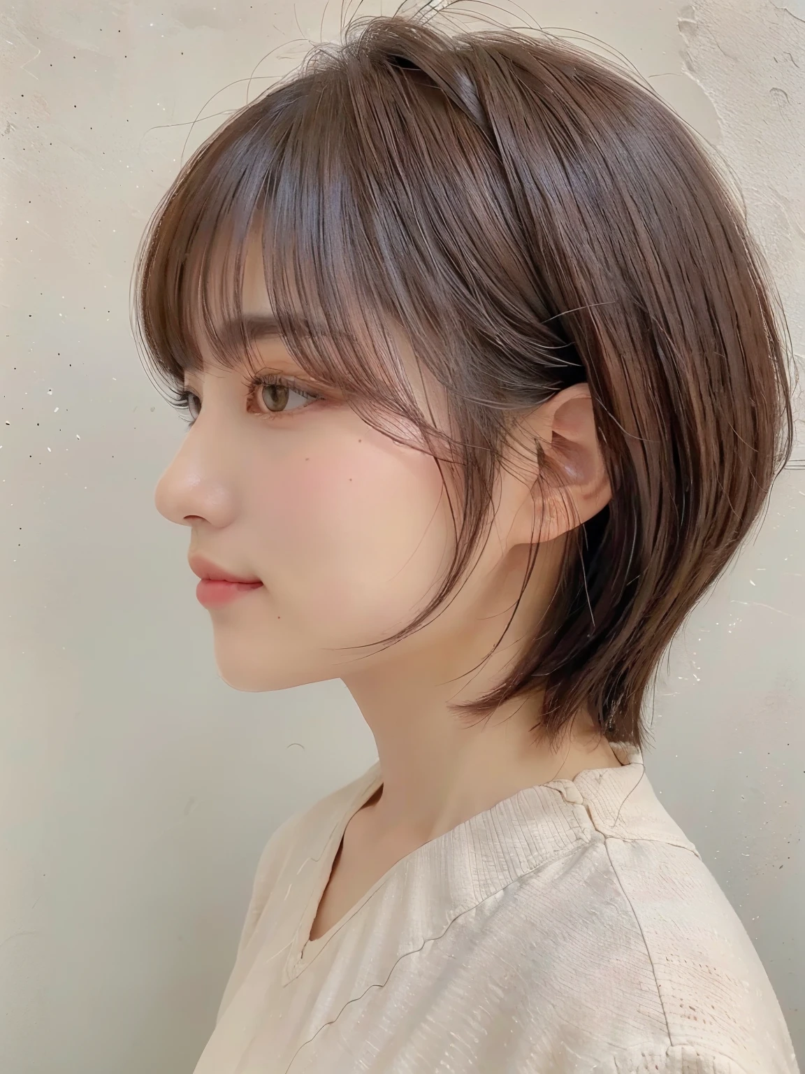 (Concrete background、Moles under the eyes:1.4)、Beautiful Japanese woman in her 30s、((long sleeve date clothes))、(8K、Live shooting、highest quality、masterpiece:1.2)、High-definition RAW color photo、professional photos、(real、フォトreal:1.37)、Shot in natural light、1 girl、A sloppy smile、(various poses)、necklace、(Beautiful profile:1.3)、Don't look at the camera、shortcut、Eye color is dark brown、(Beautiful profile:1.3)、correct hand of human body、pastel clothing、correct state of the human body、natural color lip、various poses