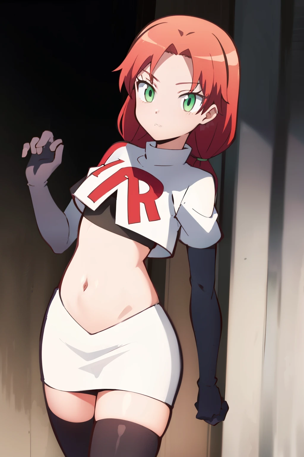 masterpiece, highres, ultra high res, best quality, RinkaHayamiR4, red hair, green eyes, simple background, team rocket,team rocket uniform,white skirt,red letter R,crop top,black thigh-highs,black elbow gloves