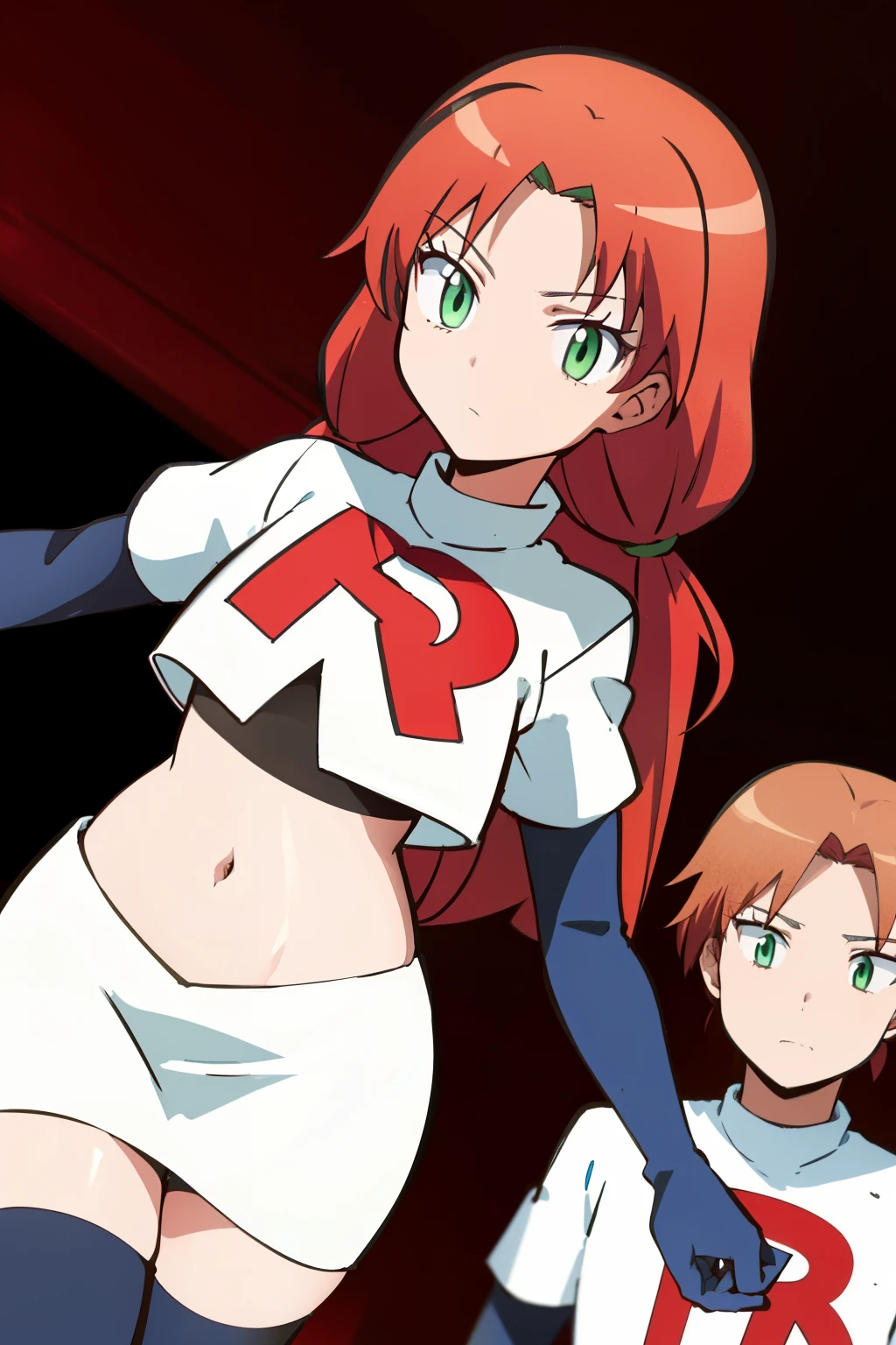 masterpiece, highres, ultra high res, best quality, RinkaHayamiR4, red hair, green eyes, simple background, team rocket,team rocket uniform,white skirt,red letter R,crop top,black thigh-highs,black elbow gloves