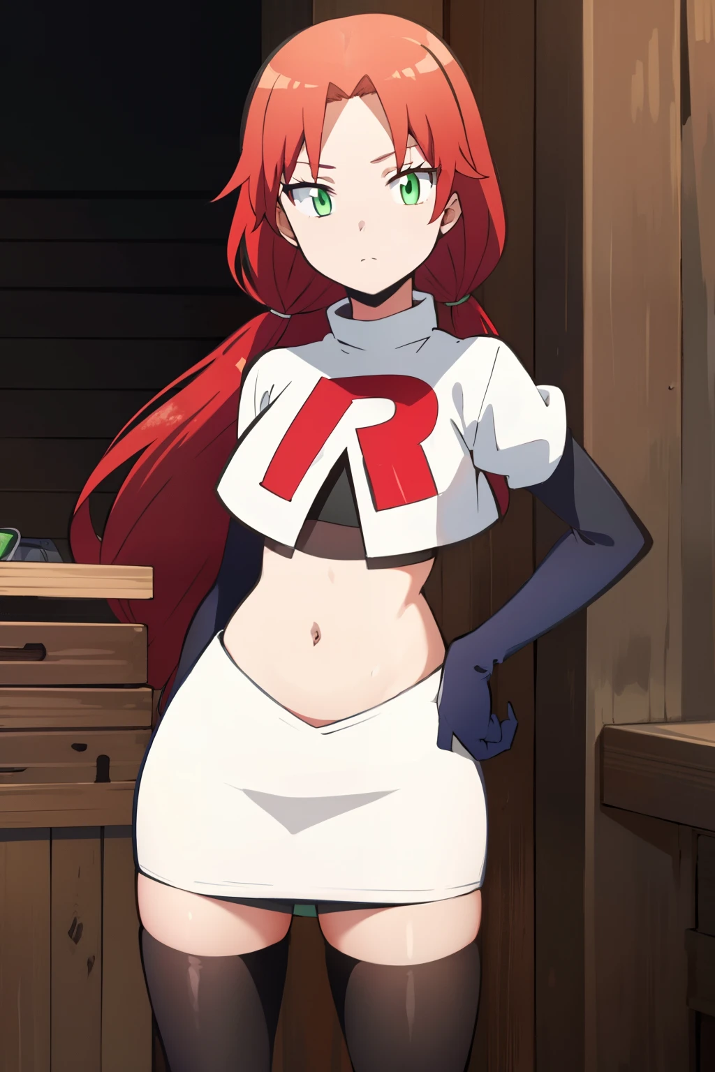 masterpiece, highres, ultra high res, best quality, RinkaHayamiR4, red hair, green eyes, simple background, team rocket,team rocket uniform,white skirt,red letter R,crop top,black thigh-highs,black elbow gloves