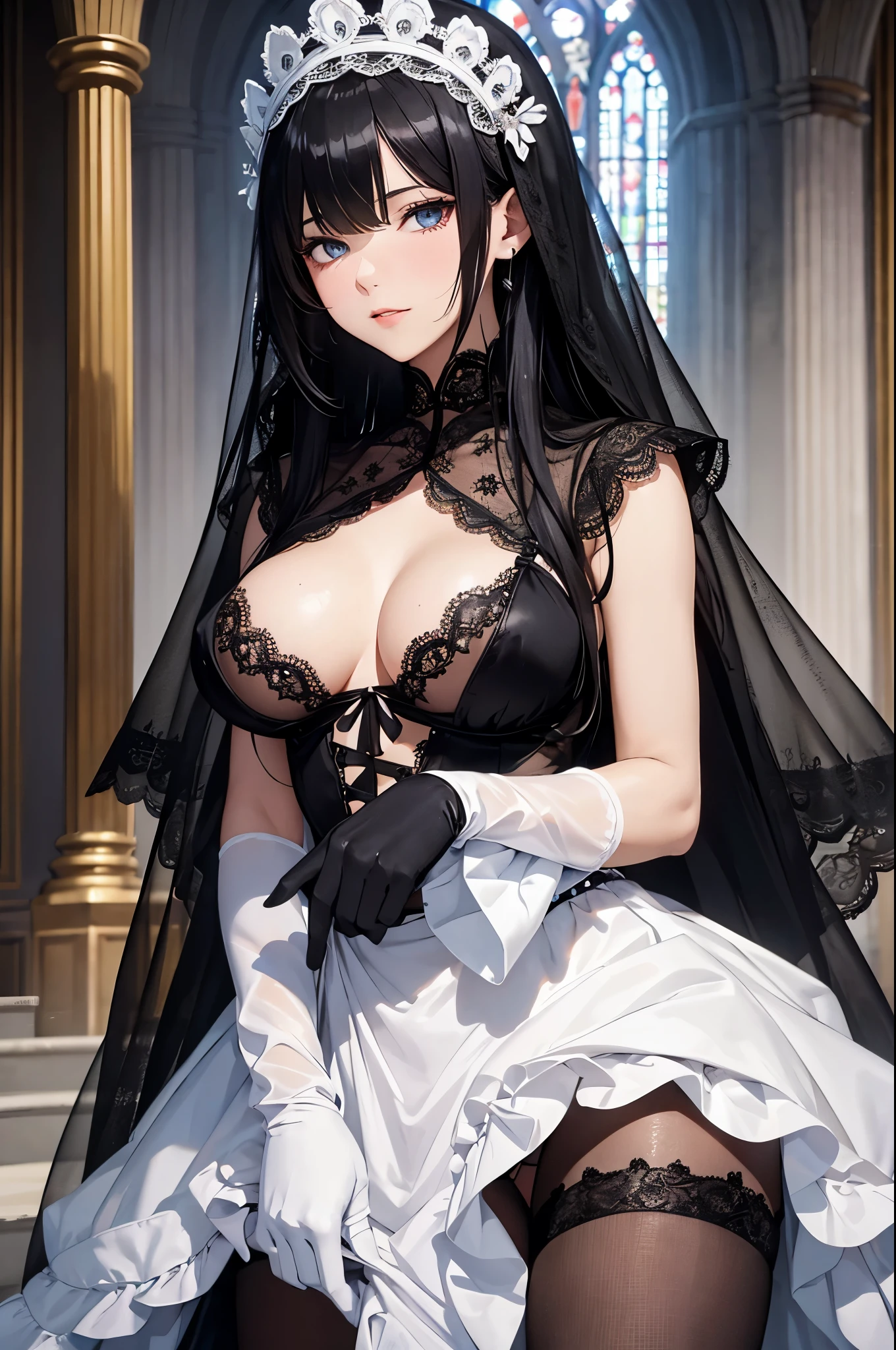 (8k, best quality, masterpiece),(ultra-detailed:1.1),(high detailed skin),
[qty: :1],full body,
[main: :1],1girl,black hair,long hair,curtains,bodystocking,(Black silk veil:1.2),black lace elbow gloves,
[emo: :1],
[ver: :1],put hands on chest,
[bac: :1],(church:1.2),
[key: :1],(white breast curtains:1.2),bodystocking,
aqw,rita rossweisse,1girl,gloves,maid headdress,hair over one eye,maid,black gloves,breasts,short,
\\\\\\\\\\\\\\\\\\\\\\,
melowh,Art style,clean and crisp picture,
(beautiful_face),((intricate_detail)),(revealing clothes:1.2),
((finely_detailed)),fine_fabric_emphasis,
((glossy)),