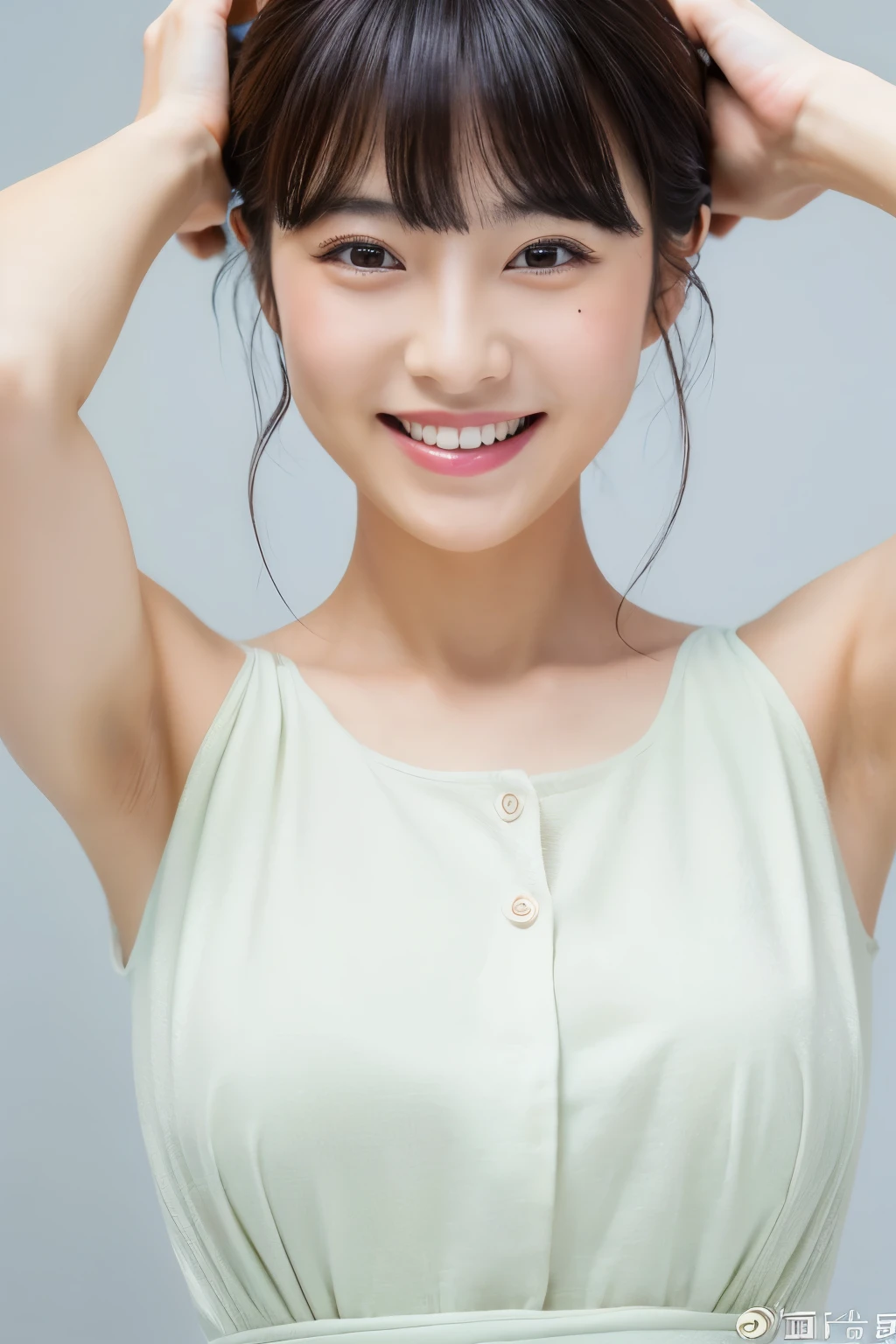 ((best image quality, 8K, T Masterpiece:1.3)), 1 girl,Japan female in her 30s。1 photo、Bob Hairstyles、smile、Clean face line、Extra large,the skin is very white、(show armpits)、dress、thin waist、arms up、dark background、wide shot