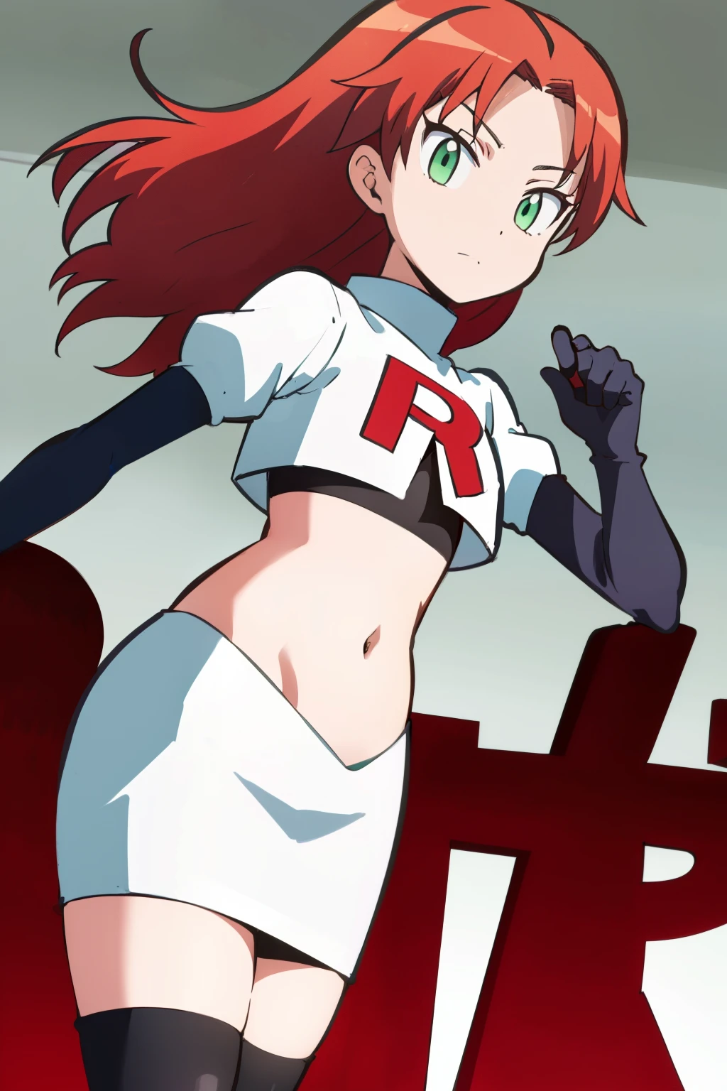 masterpiece, highres, ultra high res, best quality,  RinkaHayamiR4, red hair, green eyes, simple background, team rocket,team rocket uniform,white skirt,red letter R,crop top,black thigh-highs,black elbow gloves