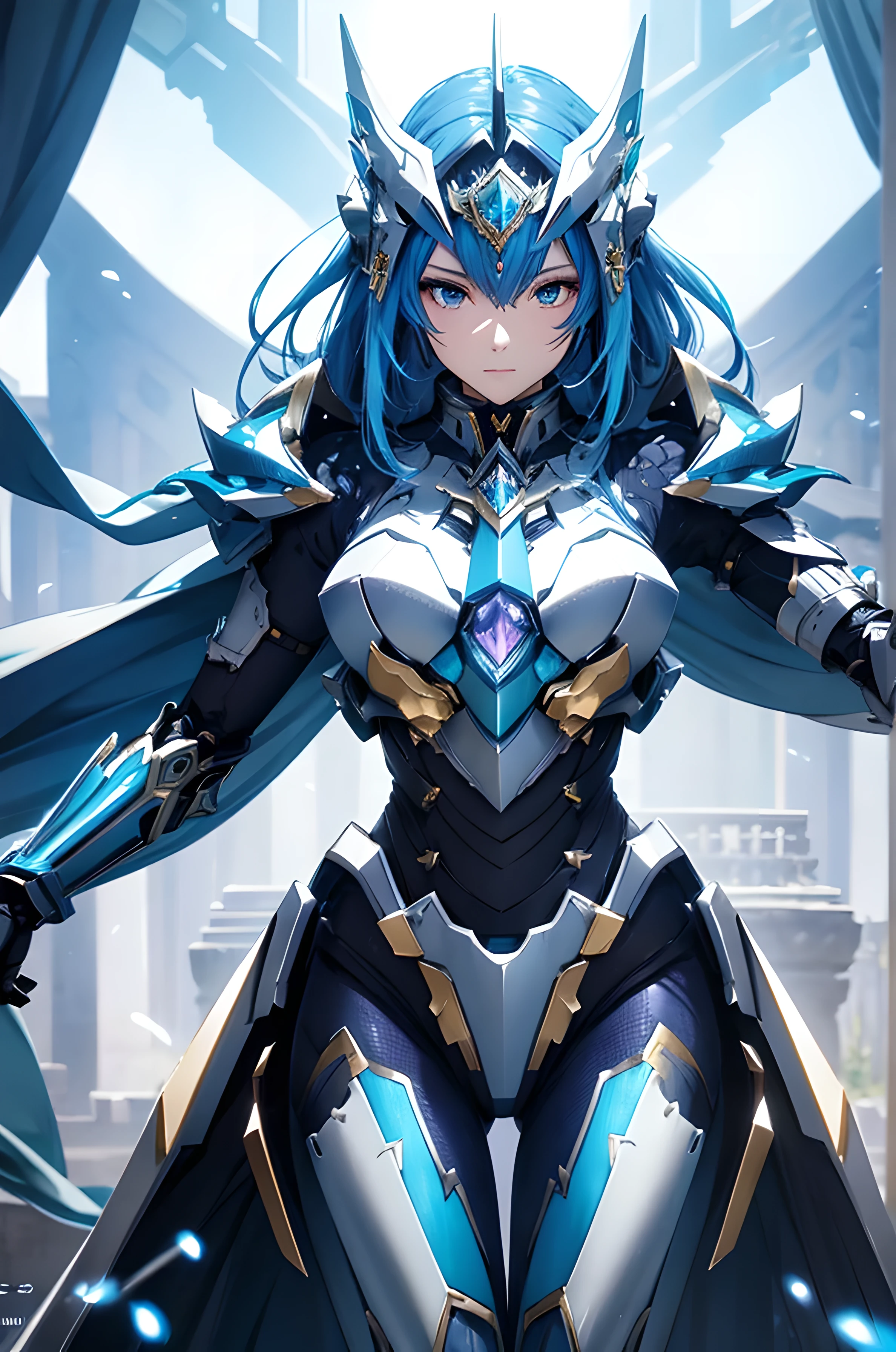 Empress mecha, fine armor, intricate design, soft blue details, silk, cinematic lighting, 4k, floating hair, sharp, prism, shining knight, royal, face mask , full body frame, grassland, happy