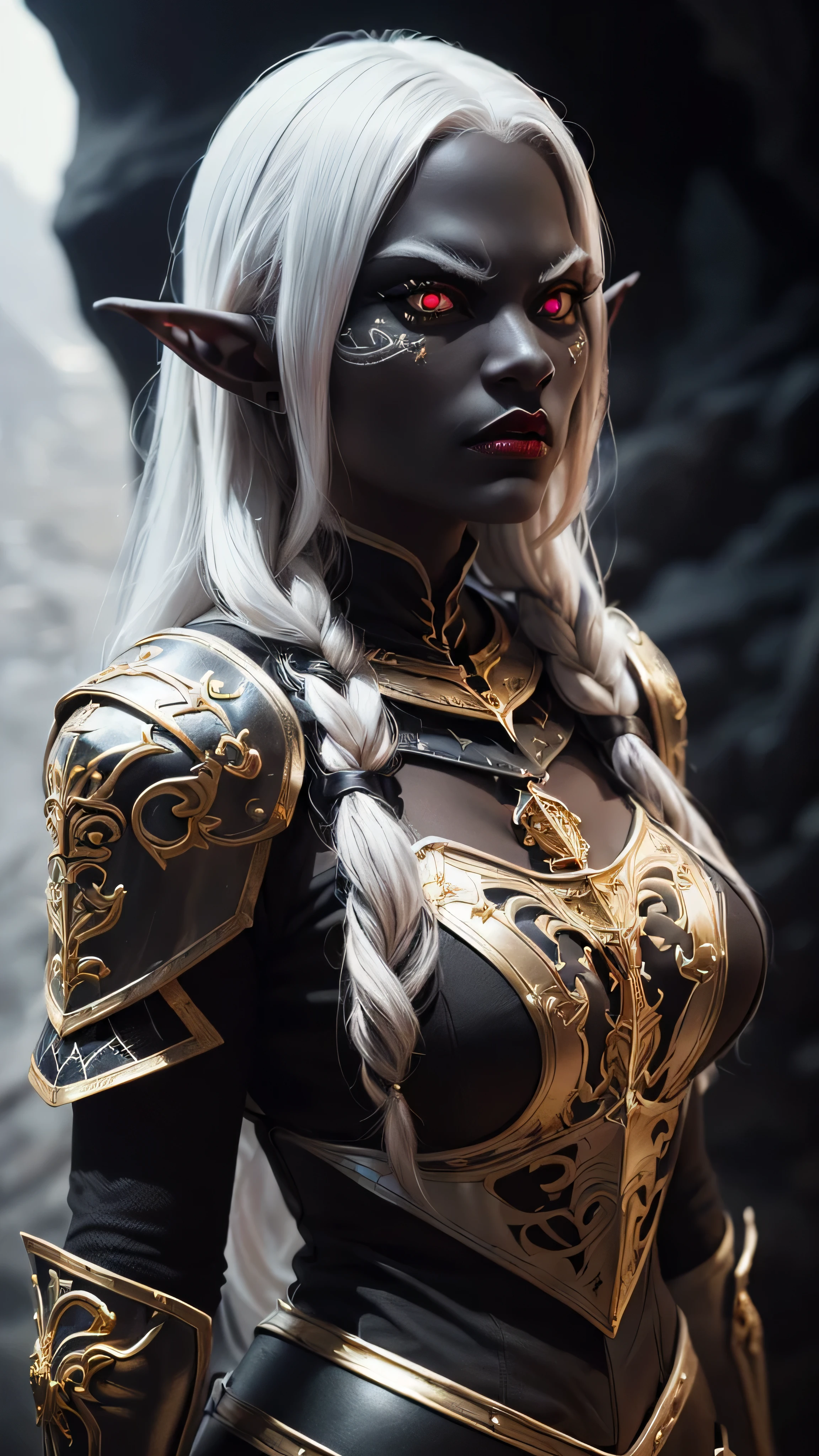 ((best quality: 1.5)) ((masterpiece: 0.8)), intricate details, sharp focus, professional, real life, realistic representation of the face, dim lighting, flickering shadow, side view: 1.5, dynamic pose, in the style of realistic and hyper detailed renderings BREAK ((((detailed 30year ((graphite skin drow elf , blackout gothic eye makeup, cavern, lacquered black knight armor, gold filigree breastplate, red lips, weak chin, exotic, muscular, (glowing white eyes))))), long white hair), freckles: 1.3), photorealistic, hyper-realistic, 8K