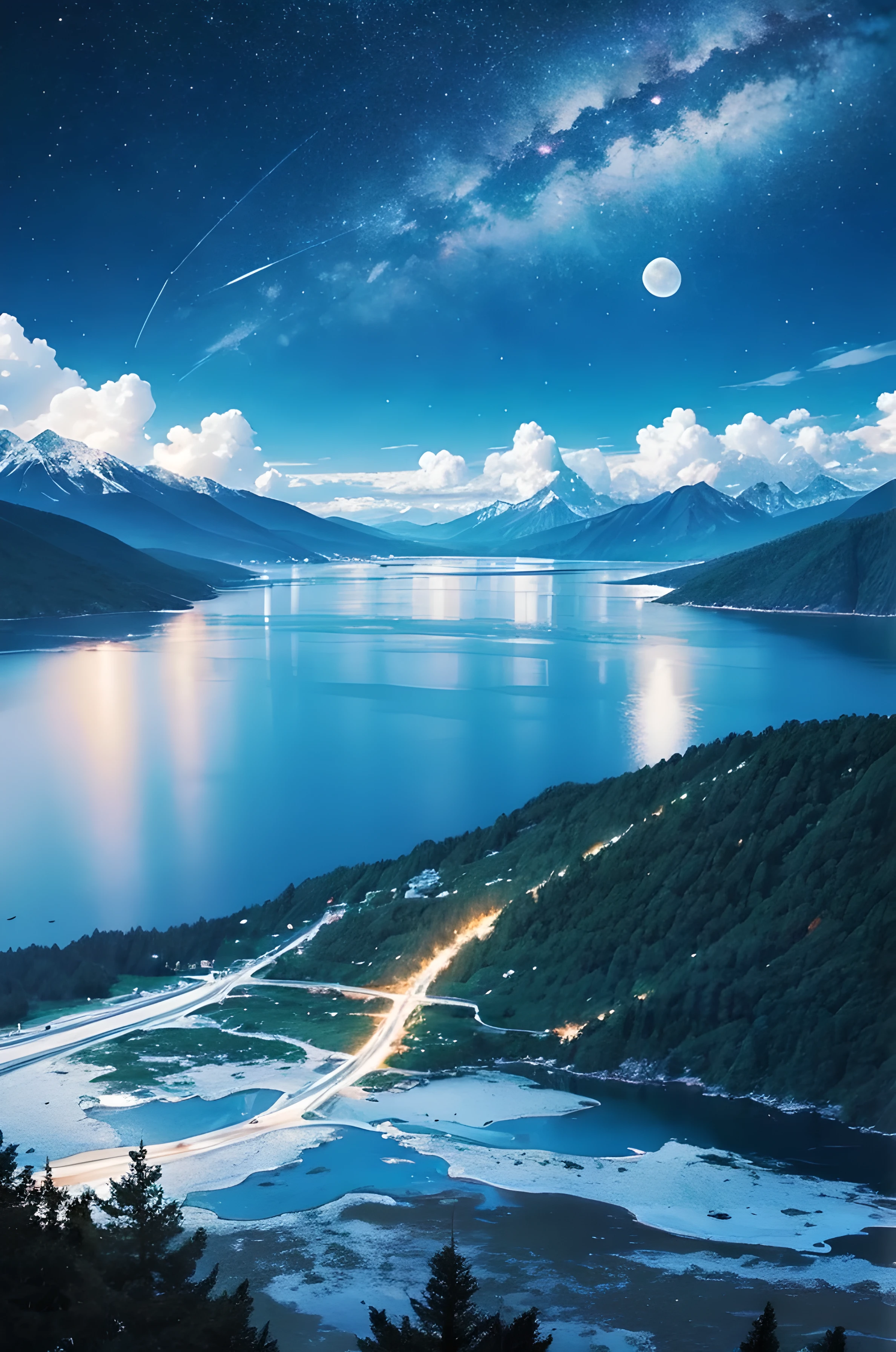 beautiful view, best scenery, ocean, night sky,, cloud, moon, night, star light, reflection, star, mountain, forest, realistic 1:2, mountain range, bird, peaceful landscape, calm view