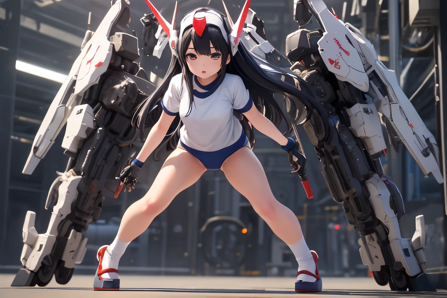 (highest quality)), ((masterpiece)), (very detailed: 1.3), 3D, {(1 young girl)}, (wear navy buruma and white gym uniform with colored hem under armor:1.3), (black hair:1.5), (She is fused with futuristic Gundam mecha:1.3), with headgear, with v-fin , armored shoulders,armored under arms, armored under legs, short sleeve, attached 2 huge weapons on back,Masturbating with weapon, camel toe,  multilayer textureperfect proportions, octane rendering, duotone lighting, Low ISO, wide aperture, White balance, Rule of thirds, ultra HD16k, HDR (High Dynamic Range), Ray Tracing, NVIDIA RTX, Super Resolution, Subsurface Scattering, PBR Texturing, Post Processing, Anisotropic Filtering, Depth of Field, Maximum Clarity and Clarity, High efficiency subpixel, subpixel convolution, particles of light, light scattered, Tyndall effect, full body:1.5, (face-off sex position:1.3, open legs), , cute, (cute:1.2), (long hair:1.3),太い眉毛, 薄い色の虹彩, 大きくて輝いている黒い瞳, 長いまつげ, 小さく薄い色の自然な唇, (Average face of Japanese idols), (日本人特有の童顔:1.3), (baby face), 広いおでこ:1.2, ふっくらした頬, 小さな顎, in the hangar,looking at viewer,Focus on the eyes , (完璧な4本の指, 親指1本),