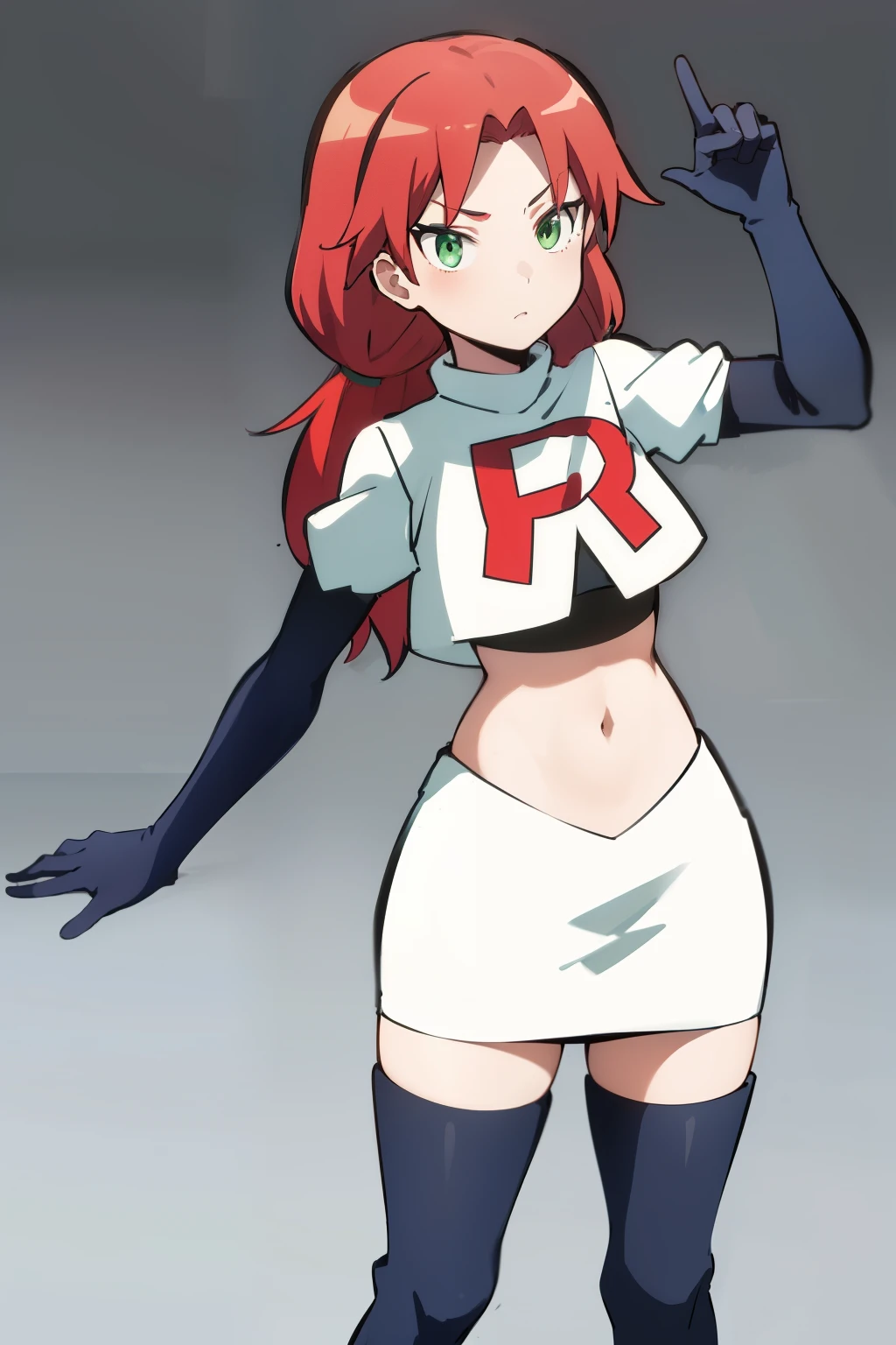masterpiece, highres, ultra high res, best quality, RinkaHayamiR4, red hair, green eyes, simple background, team rocket,team rocket uniform,white skirt,red letter R,crop top,black thigh-highs,black elbow gloves