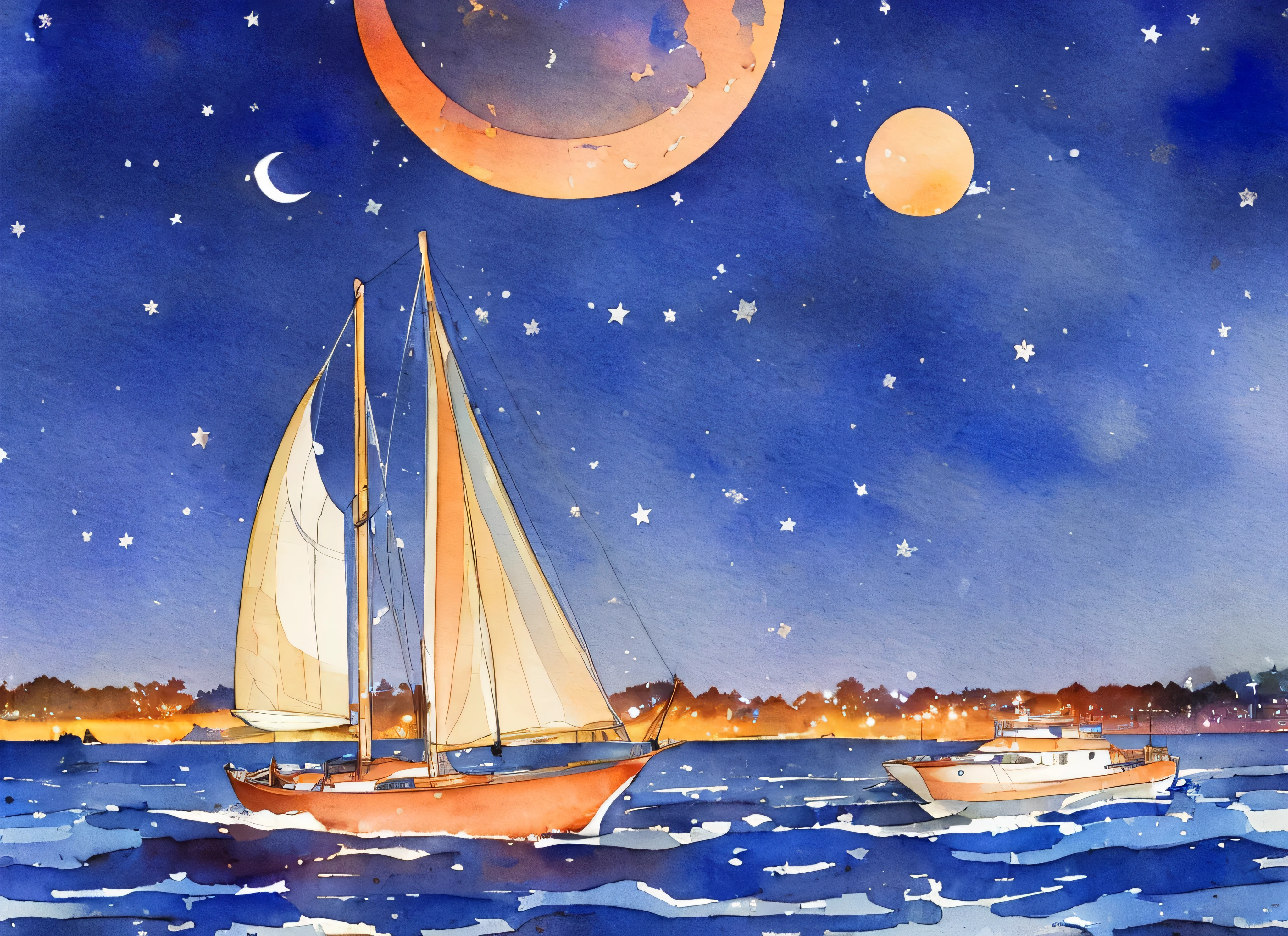boat sailing by candlelight in the universe, lua ao fundo, outer space, Cores lindas, estrelas, 8k, muito afiado, detalhes, estilo aquarela