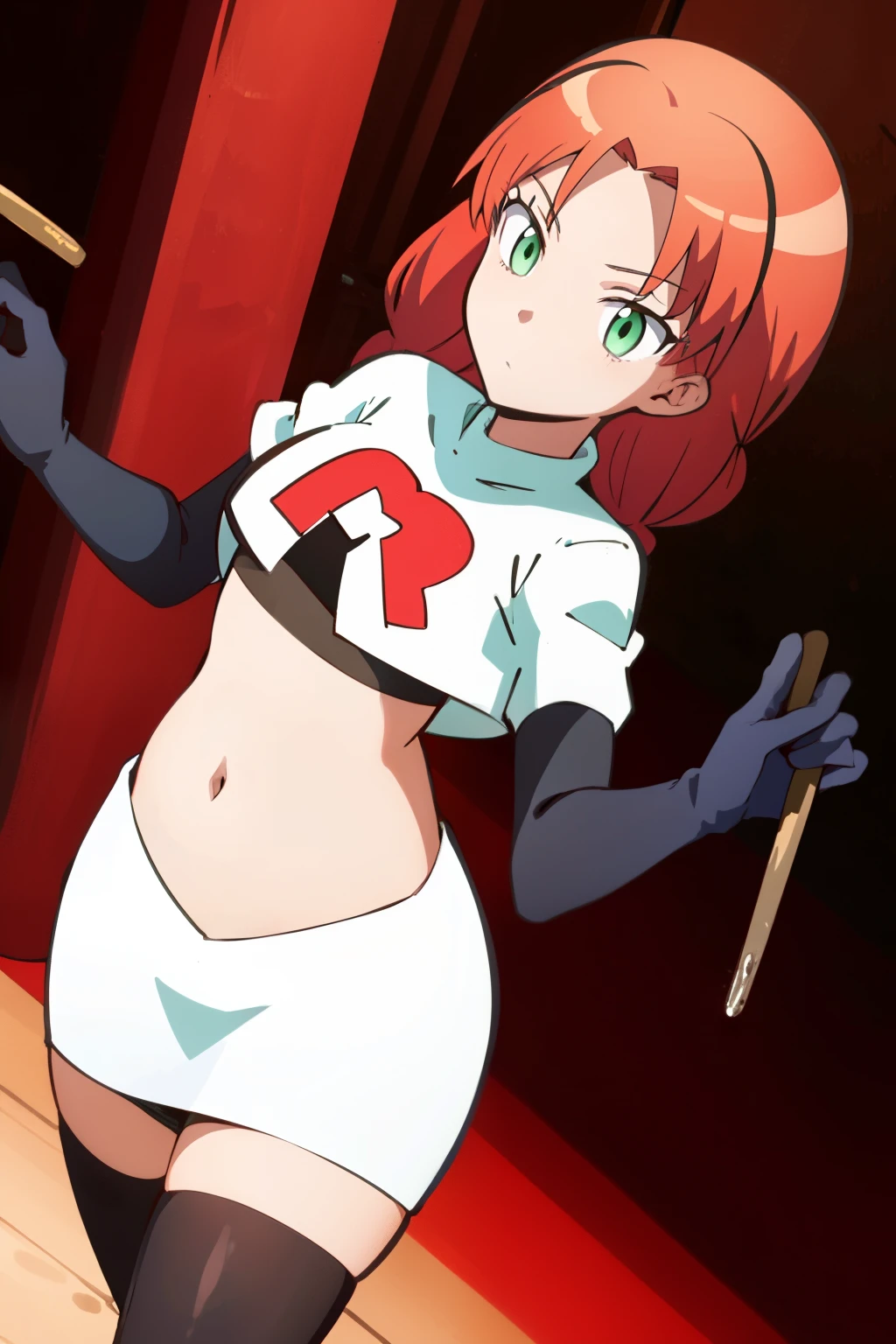 masterpiece, highres, ultra high res, best quality, RinkaHayamiR4, red hair, green eyes, simple background, team rocket,team rocket uniform,white skirt,red letter R,crop top,black thigh-highs,black elbow gloves