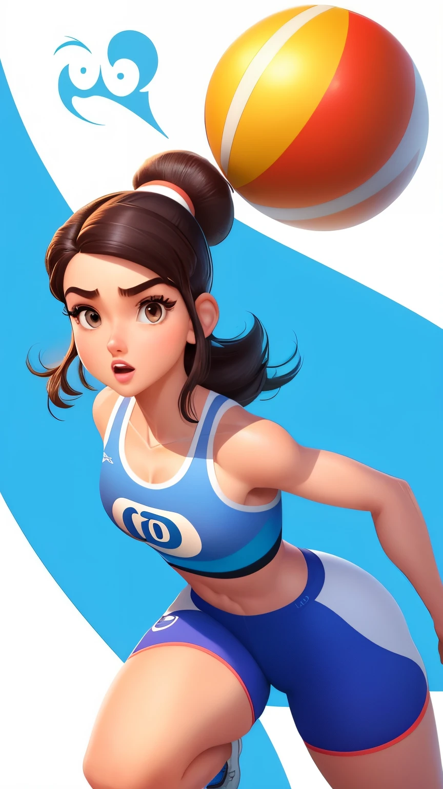 (Estilo Pixar 1.25) generate a Disney-style character for me with the following characteristics, and create 12 illustrations with a white background and different expressions. Uma atleta de handebol de 25 anos com cabelos castanhos cacheados caindo suavemente sobre os ombros arremessando a bola.