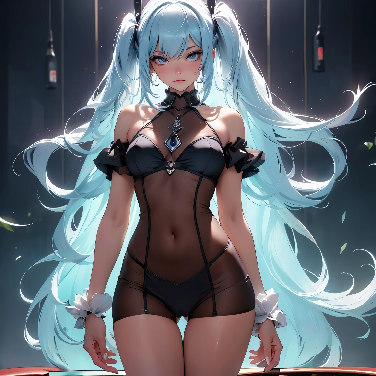 (quality)), ((masterpiece)), Recommended resultsluffly、(see through:1.5)、whole body 、Swollen nipples，straighten your back、huge bust、angle to floor:1.2、low camera angle、Hair loss on crotch、Whole body facing the camera，Hair can be seen on the crotch，Hatsune Miku, (masterpiece),(最好的quality), girl,((ultra-detailed)), (highly detailed CG 插图),(poker face),meticulous_detail),(high resolution:1.1),(best lighting:1.1), (best shadow:1.1), (extremely delicate and beautiful，suitable configuration),(ultra precision_put up:1.2),,(bold ，detail),(Thick_dense_skin:1.16),(ultra precision skin:1.16),bold_eyelash,(Soft cheeks:1),white body, , Two identical eyes, poker face, Off-the-shoulder set, thigh, glowing hair