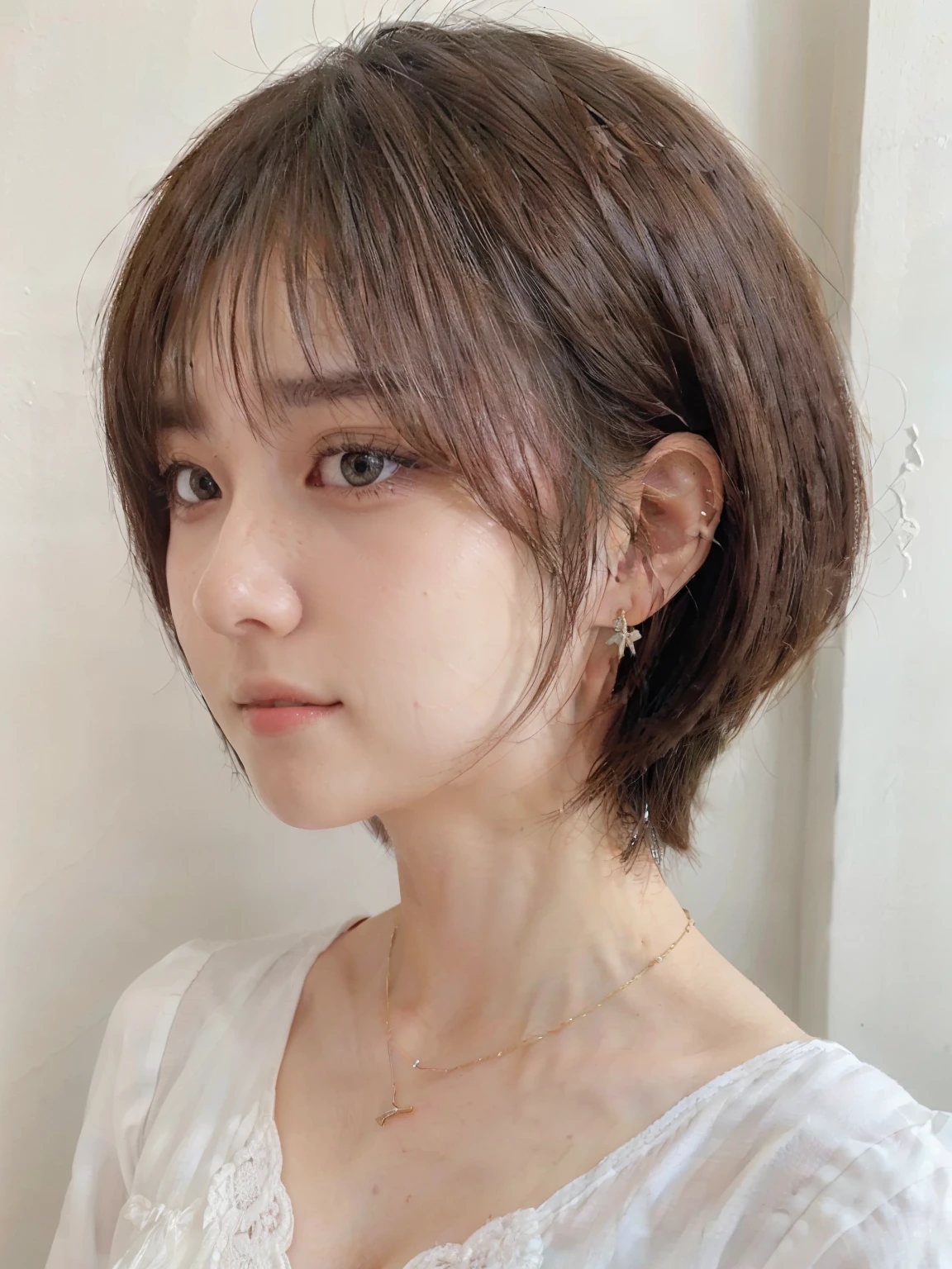 (highest quality、8K、32K、masterpiece、nffsw:1.2)、photo of cute japanese woman、very short bobbed hair、Upper body、necklace、shot from above、Don'don't look at the audience、(realistic、Photoreal:1.37)、1 girl、Shot in natural light、Physically based rendering、excellent image quality、High resolution、1080P、(Detailed facial description)、(Detailed explanation of hands)、(Detailed CG)、Rich details、(exquisite features)、(best image quality)、(masterpiece)、(fine eyes)、delicate clavicle、Versatile poses、profile、white wall、Taken in front of the white door、(窓のあるwhite wallの部屋)、earrings、laughter、Spring clothes、 shortcut、short hair、((blouse))、