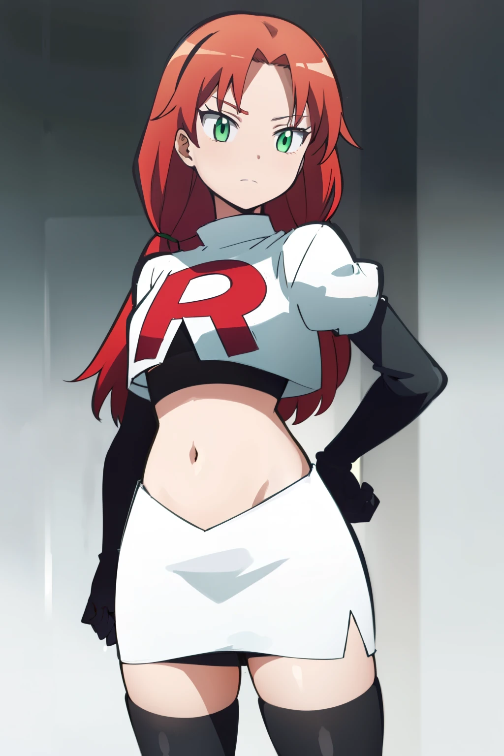 masterpiece, highres, ultra high res, best quality, RinkaHayamiR4, red hair, green eyes, simple background, team rocket,team rocket uniform,white skirt,red letter R,crop top,black thigh-highs,black elbow gloves