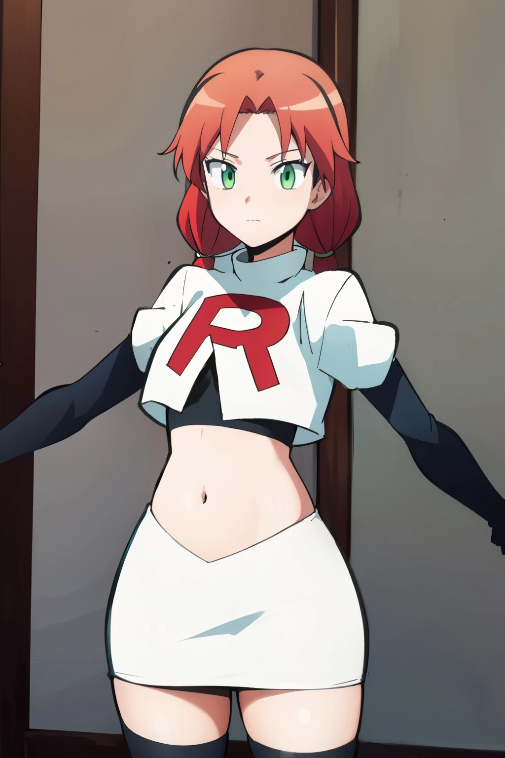 masterpiece,best quality,high res,high quality,8k, masterpiece,highres, team rocket uniform, red letter r, white skirt,white crop top,black thigh-high boots, black elbow gloves, glaring angrily, looking down at viewer, hands on hips, cowboy shot, zettai ryouiki,spread legs,from below, black panties,anime style, vivid colors, sharp focus, intense lighting,Fran Seeker,blue eyes,red hair, twintails,garrison cap