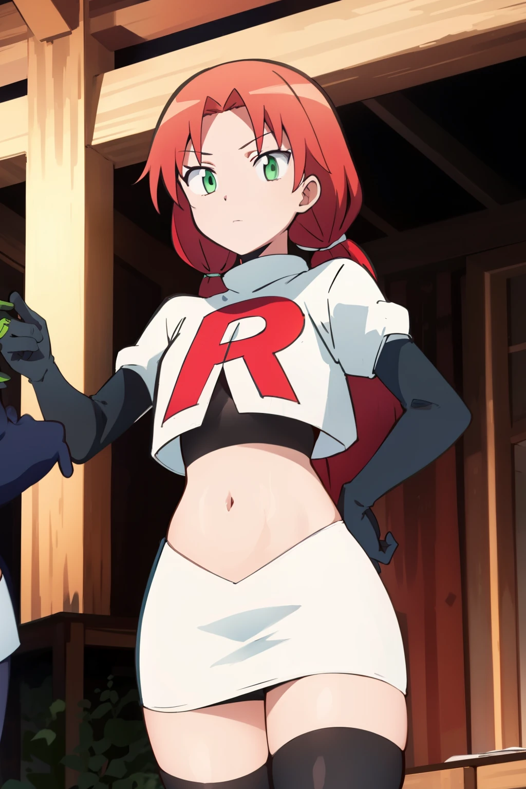 masterpiece, highres, ultra high res, best quality,  RinkaHayamiR4, red hair, green eyes, simple background, team rocket,team rocket uniform,white skirt,red letter R,crop top,black thigh-highs,black elbow gloves