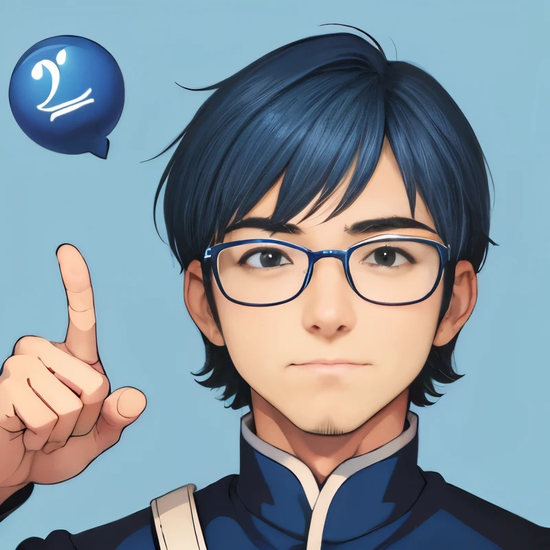 master piece、mascot character、comics、Two colors: blue and white、1 male、40 years old、Face facing diagonally、wore glasses、Hairstyle Two Blocks、Big eyes、Uncle Ike、soft smile、（Inspiration、Point your index finger up、light bulb above head）