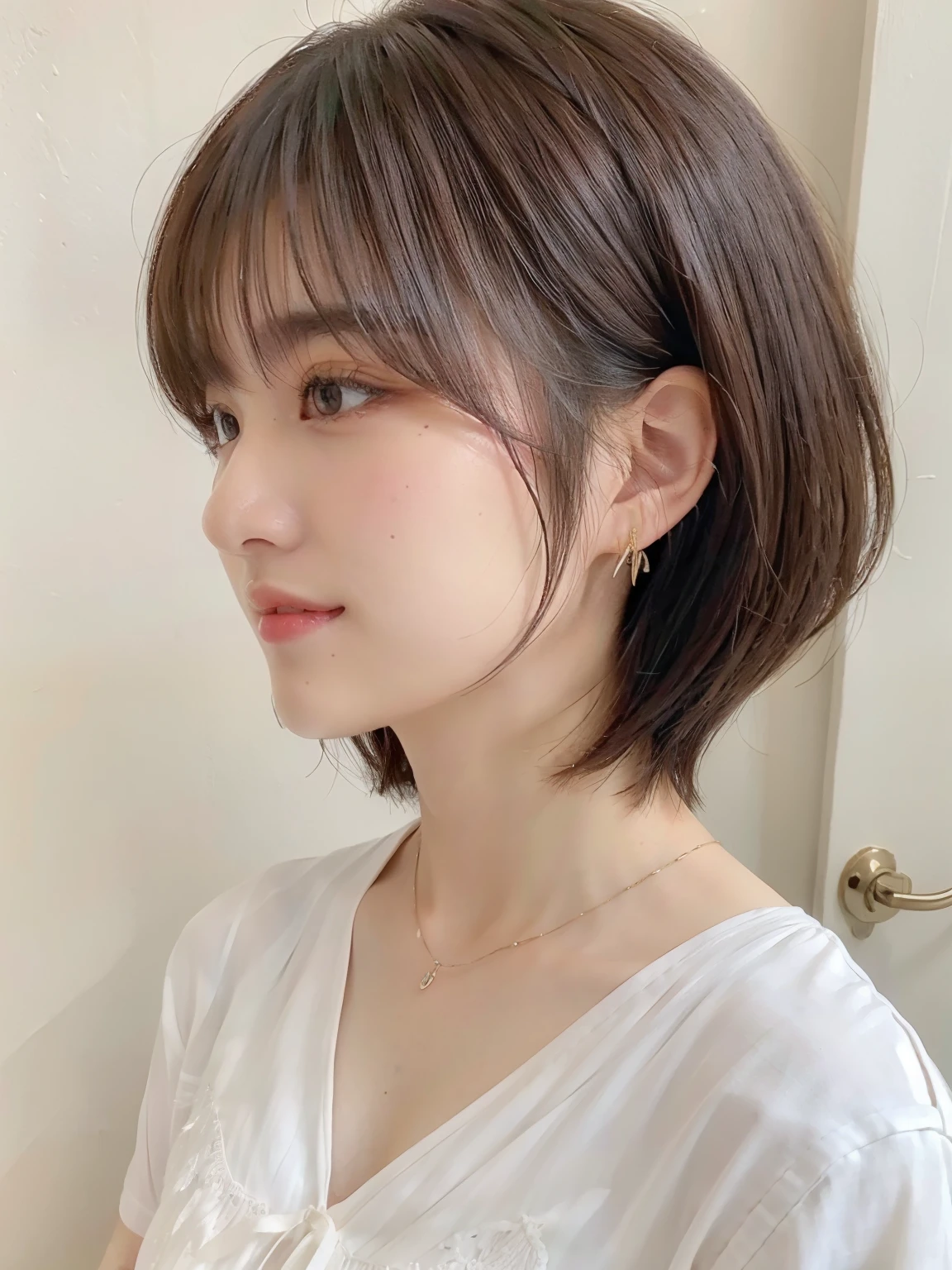 (highest quality、8K、32K、masterpiece、nffsw:1.2)、photo of cute japanese woman、very short bobbed hair、Upper body、necklace、shot from above、Don'don't look at the audience、(realistic、Photoreal:1.37)、1 girl、Shot in natural light、Physically based rendering、excellent image quality、High resolution、1080P、(Detailed facial description)、(Detailed explanation of hands)、(Detailed CG)、Rich details、(exquisite features)、(best image quality)、(masterpiece)、(fine eyes)、delicate clavicle、Versatile poses、profile、white wall、Taken in front of the white door、(窓のあるwhite wallの部屋)、earrings、laughter、Spring clothes、 shortcut、short hair、((blouse))