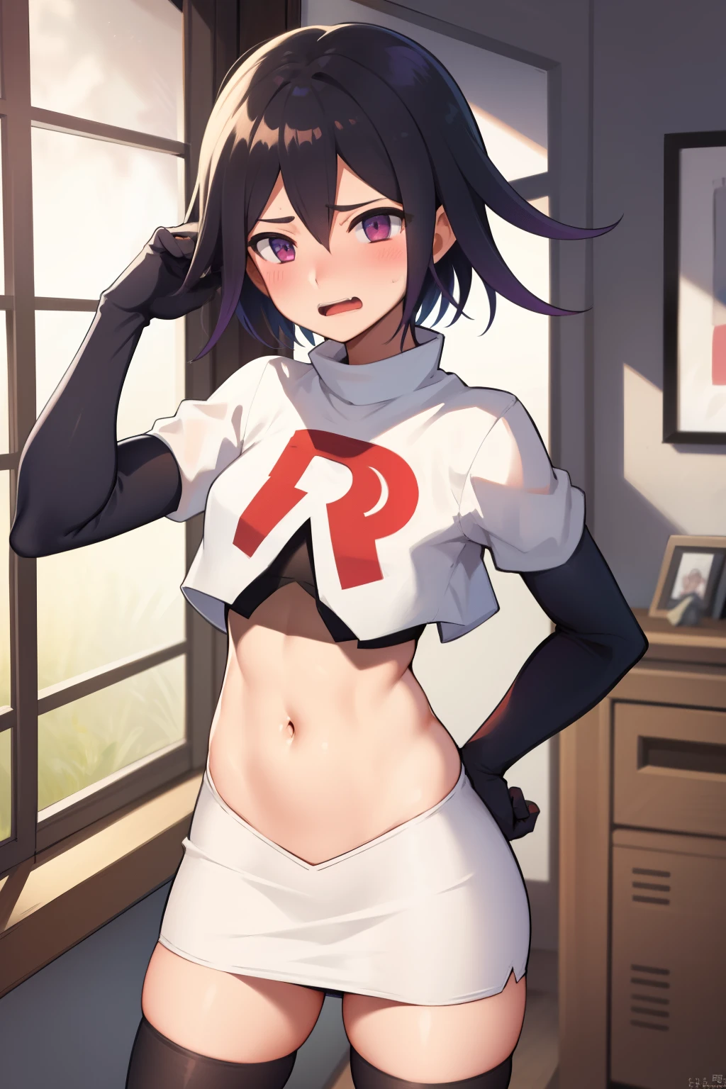 absurdres, cowboy shot, solo, male focus, trap, 1boy, crossdressing,1boy, oma kokichi, team rocket,team rocket uniform,white skirt,red letter R,crop top,black thigh-highs,black elbow gloves, embarrassed, blush